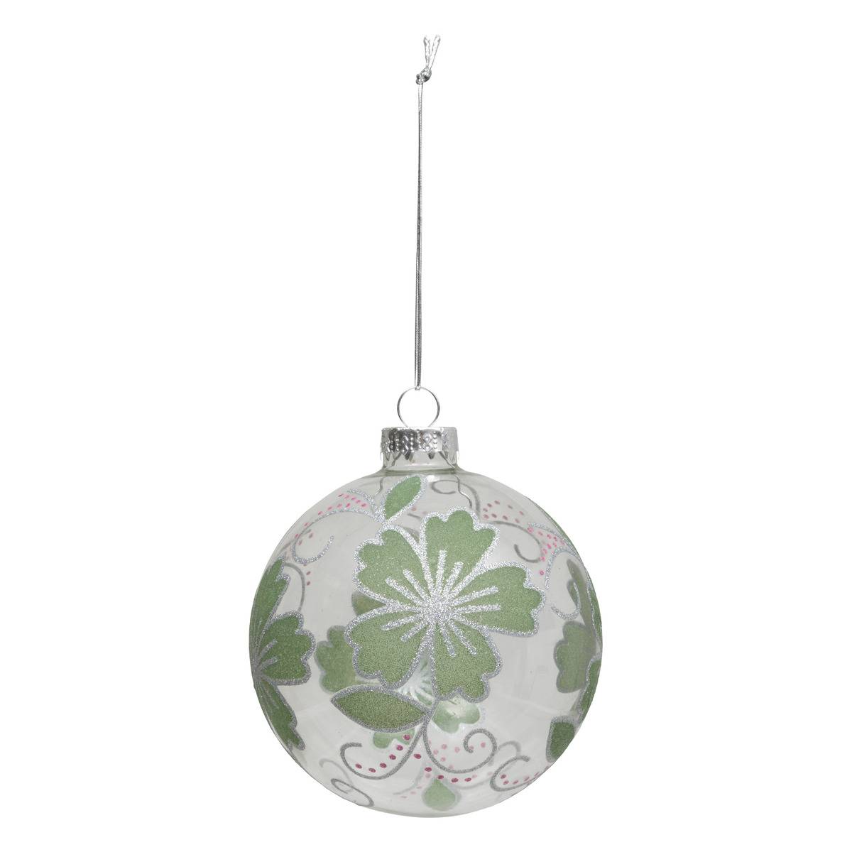 Boule de Noël en verre fleur pailletée verte D. 90 mm, FEERIC LIGHTS & CHRISTMAS