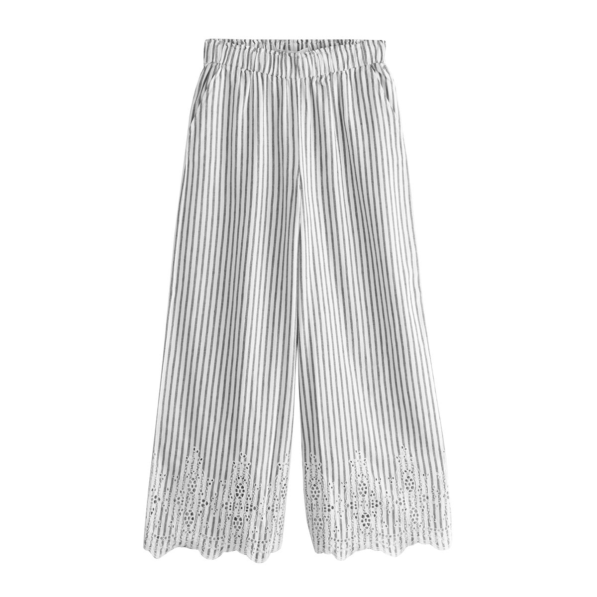 Pantalon large à rayures brodées en lin, NEXT