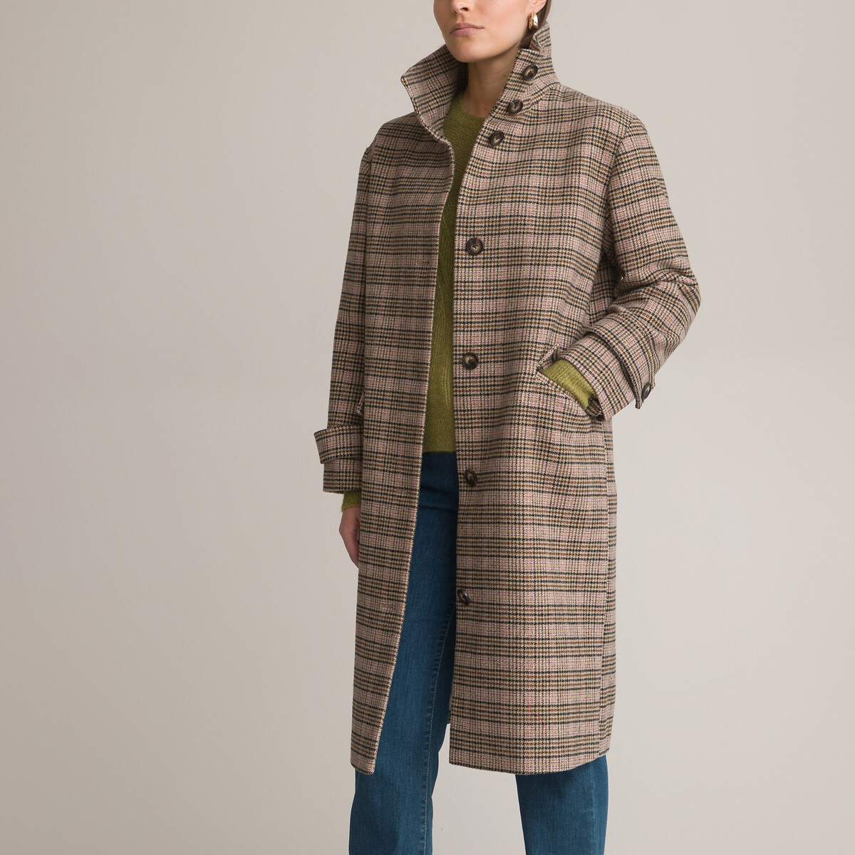Image of Long Checked Buttoned Coat