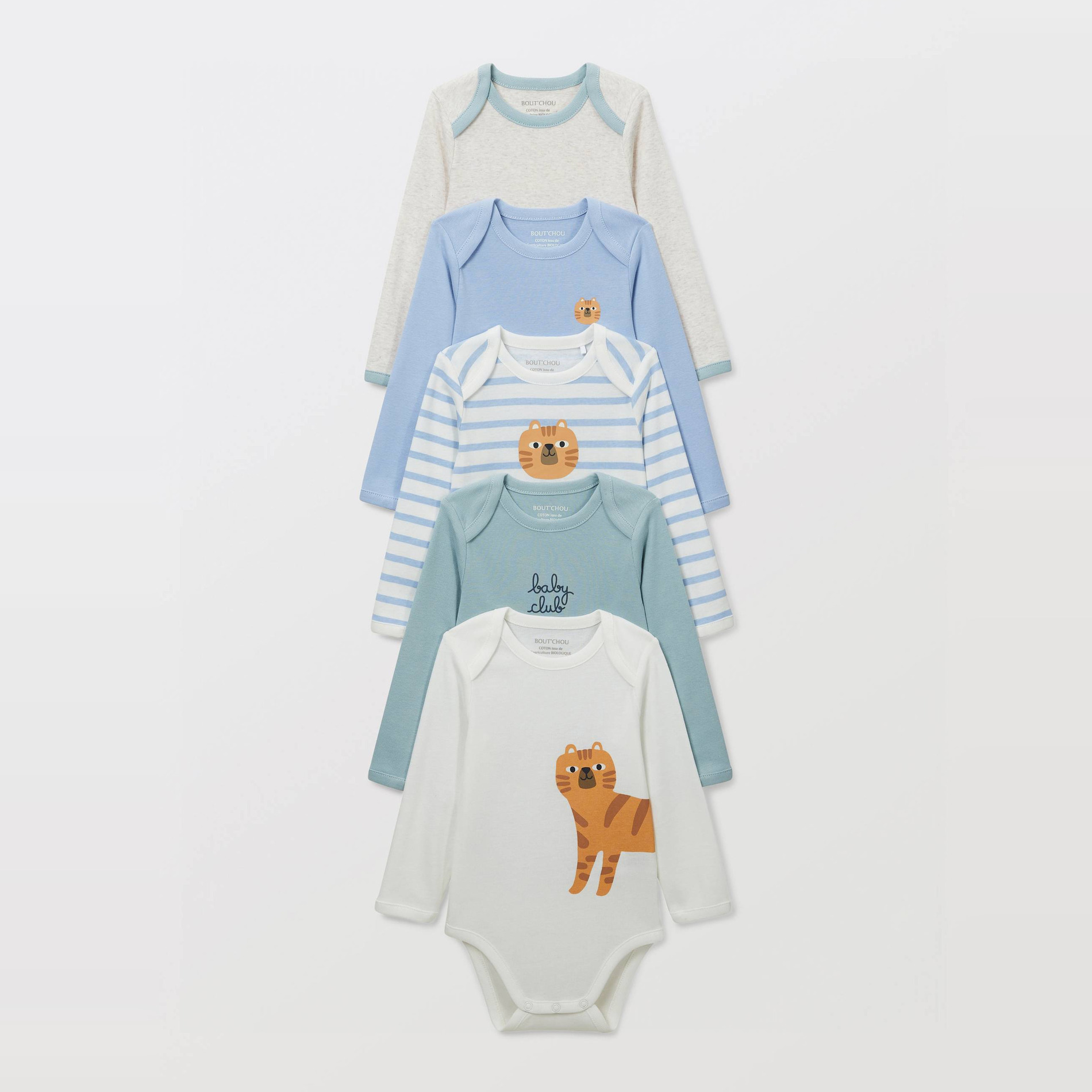 Lot de 5 bodies manches longues imprimé en coton BIO GOTS, BOUT'CHOU