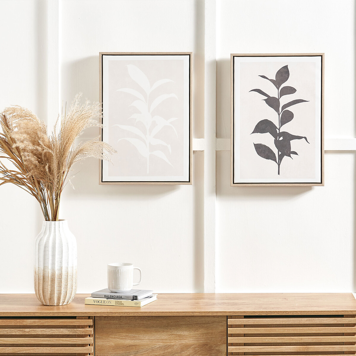 Set of 2 Natural and Black Leaf Print Canvases with Natural Frames, SO'HOME