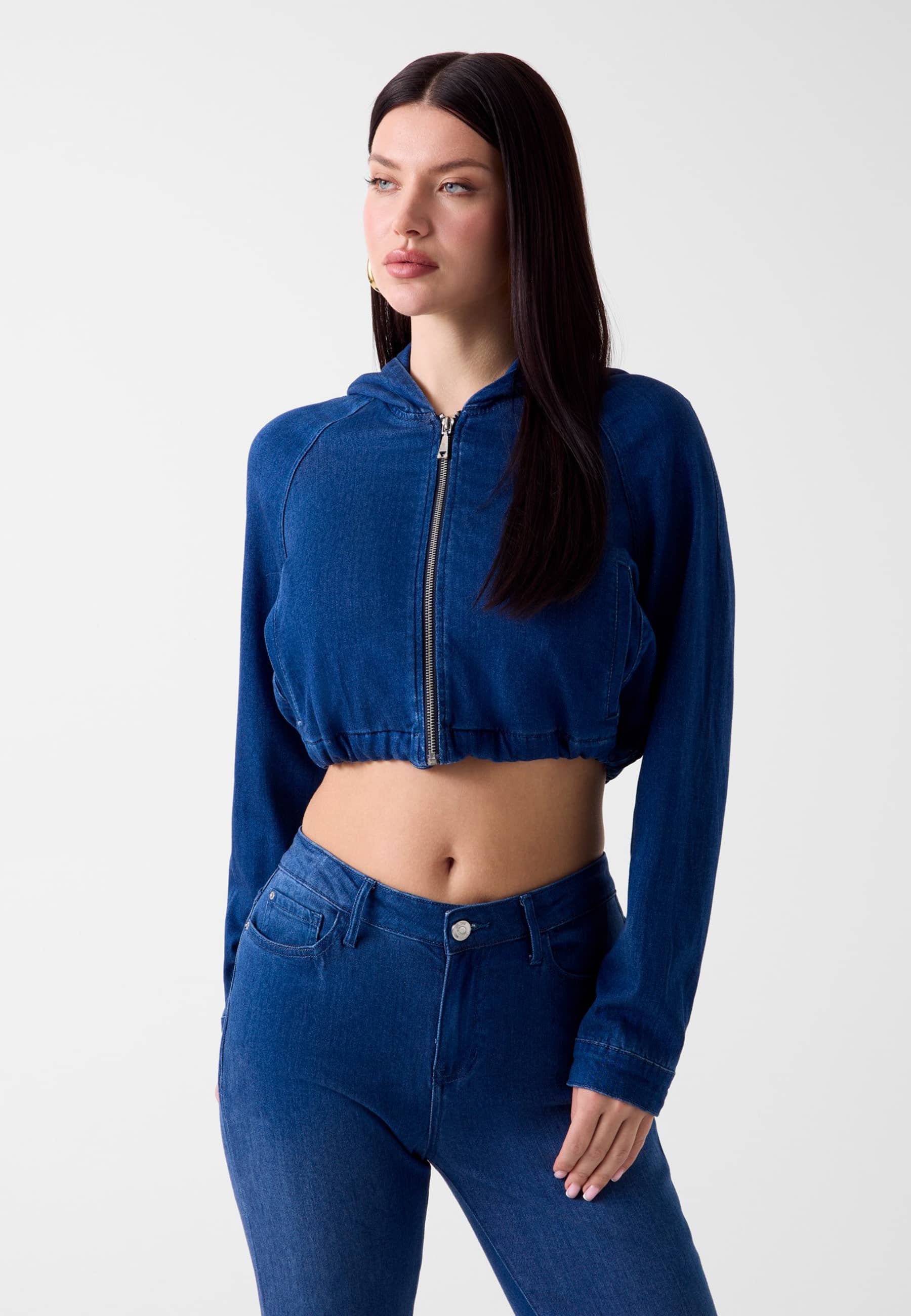 Sweat À Capuche En Denim Cropped, GUESS