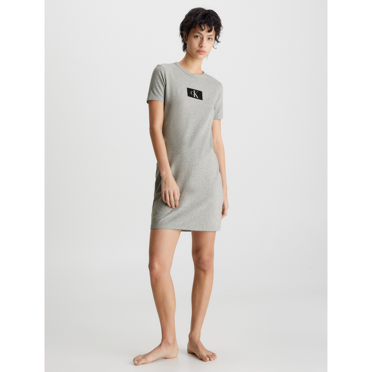 Image of Logo Print Cotton Nightshirt with Short Sleeves