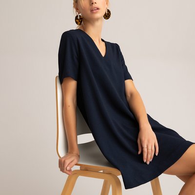 Recycled Mini Dress with V-Neck and Short Sleeves LA REDOUTE COLLECTIONS