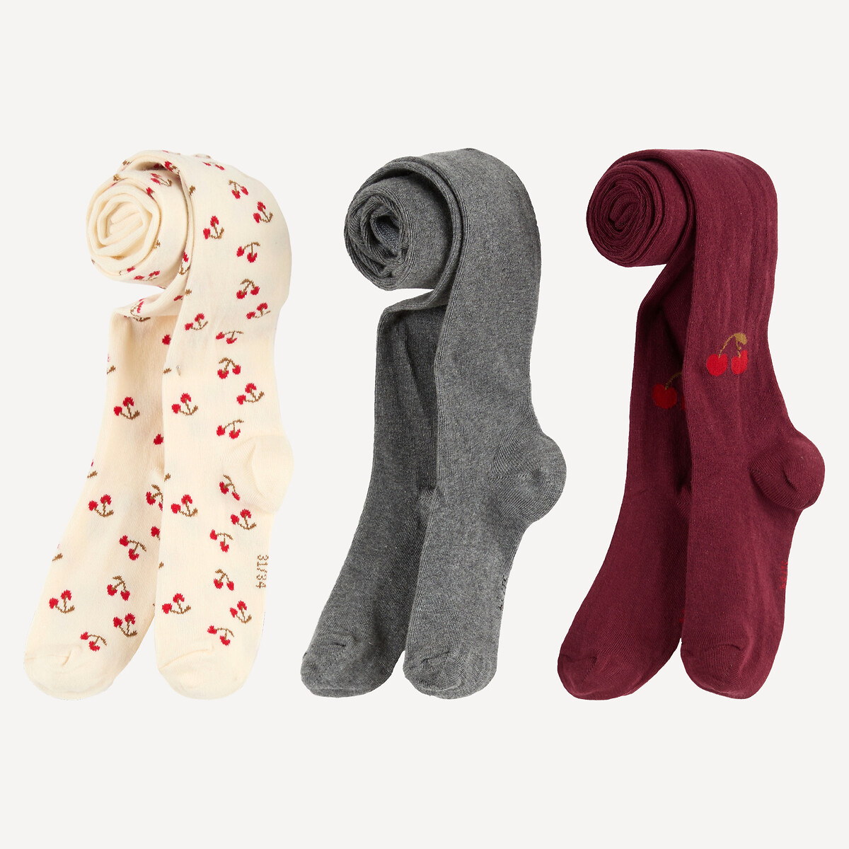 Lot de 3 paires de collants, unis et motif cerises, LA REDOUTE COLLECTIONS