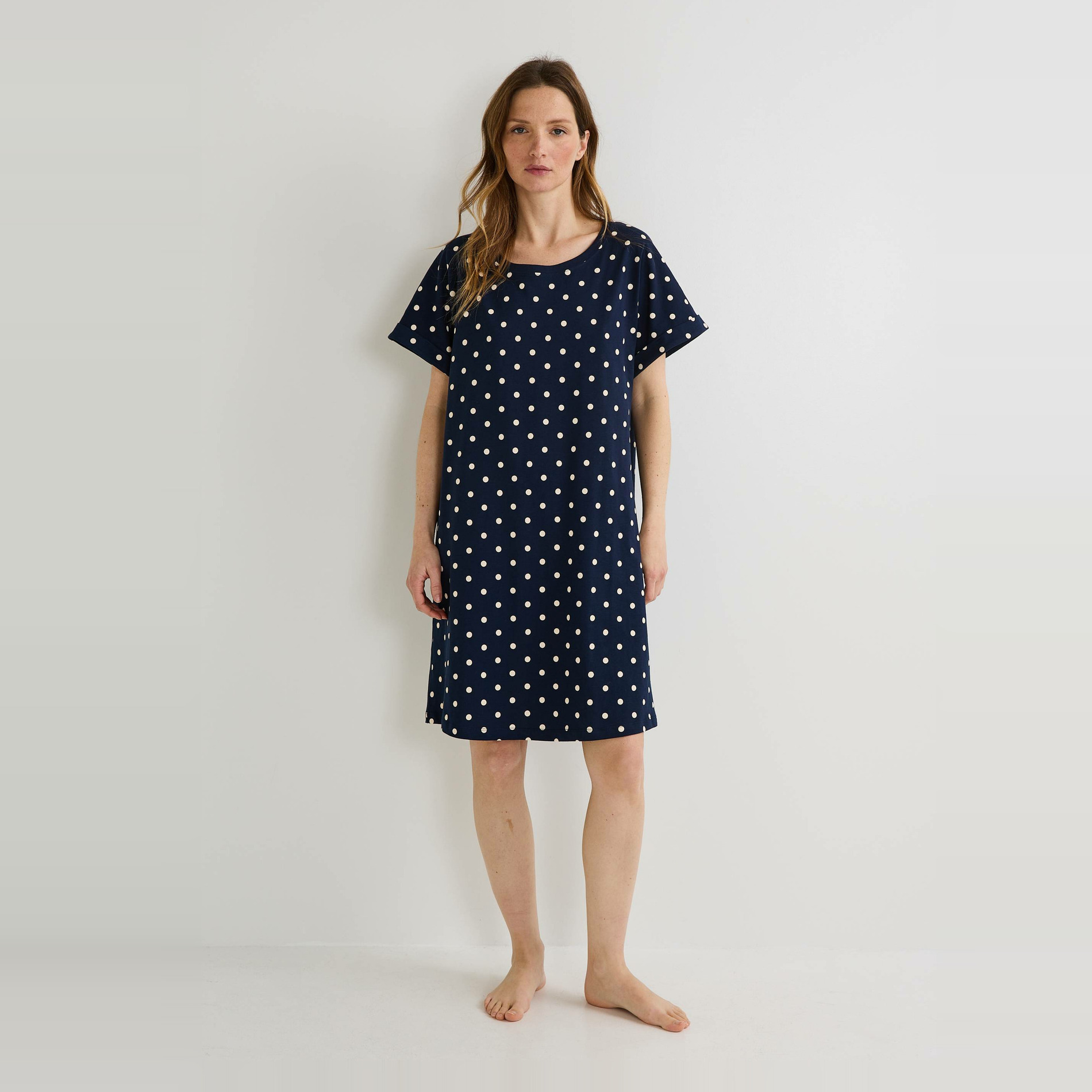Chemise de nuit manches courtes à pois en coton BIO, MONOPRIX