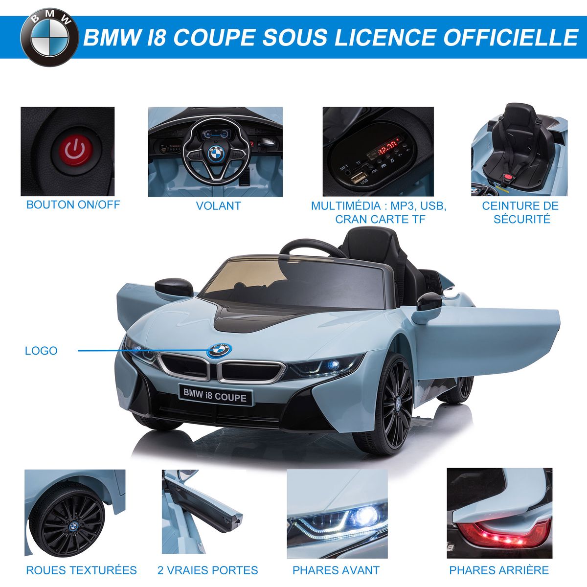 Voiture Electrique Enfants 6 V V Max 3 Km H Effets Sonores Lumineux Telecommande Bmw I8 Coupe Bleu Bleu Homcom La Redoute