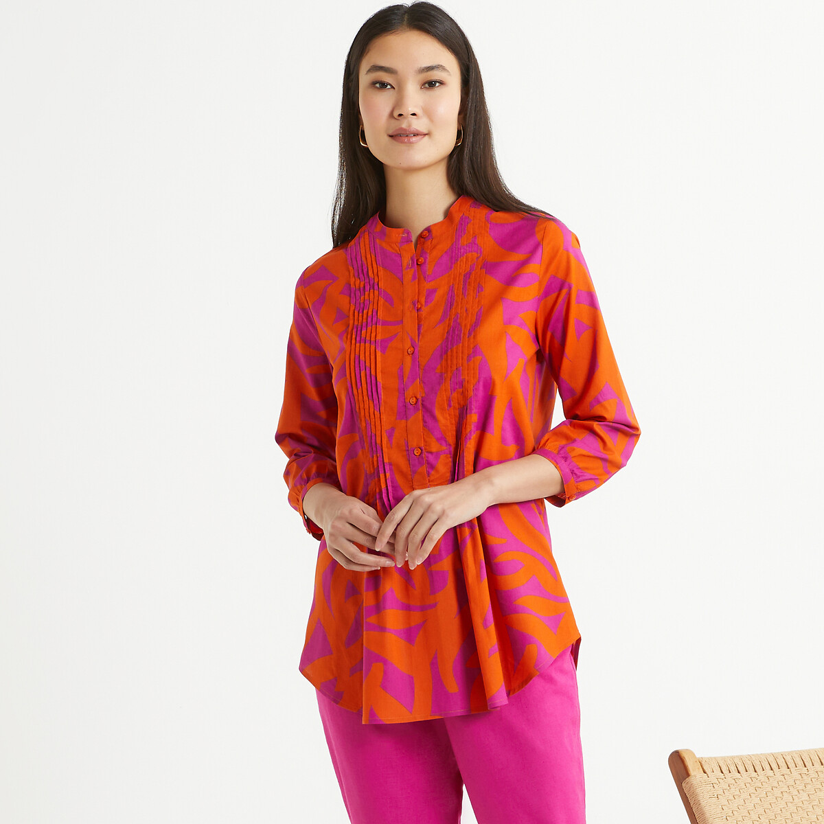 Image of Graphic Print Cotton Tunic with 3/4 Length Sleeves