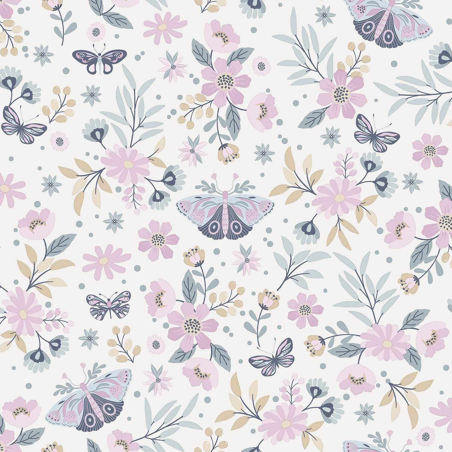 Papier peint floral papillons fond crème lilas, HEXOA