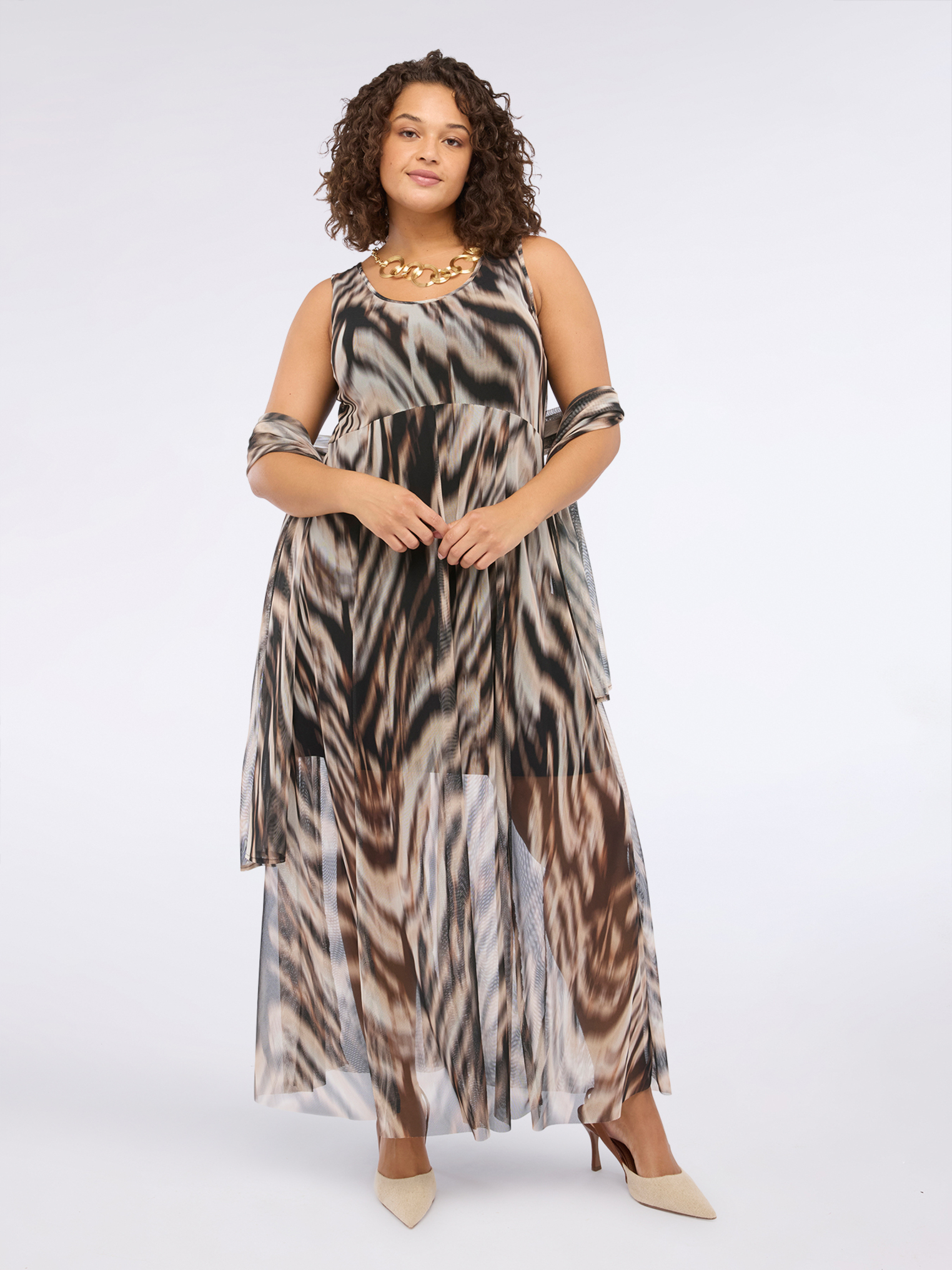 Robe longue évasée en tulle imprimé, FIORELLA RUBINO
