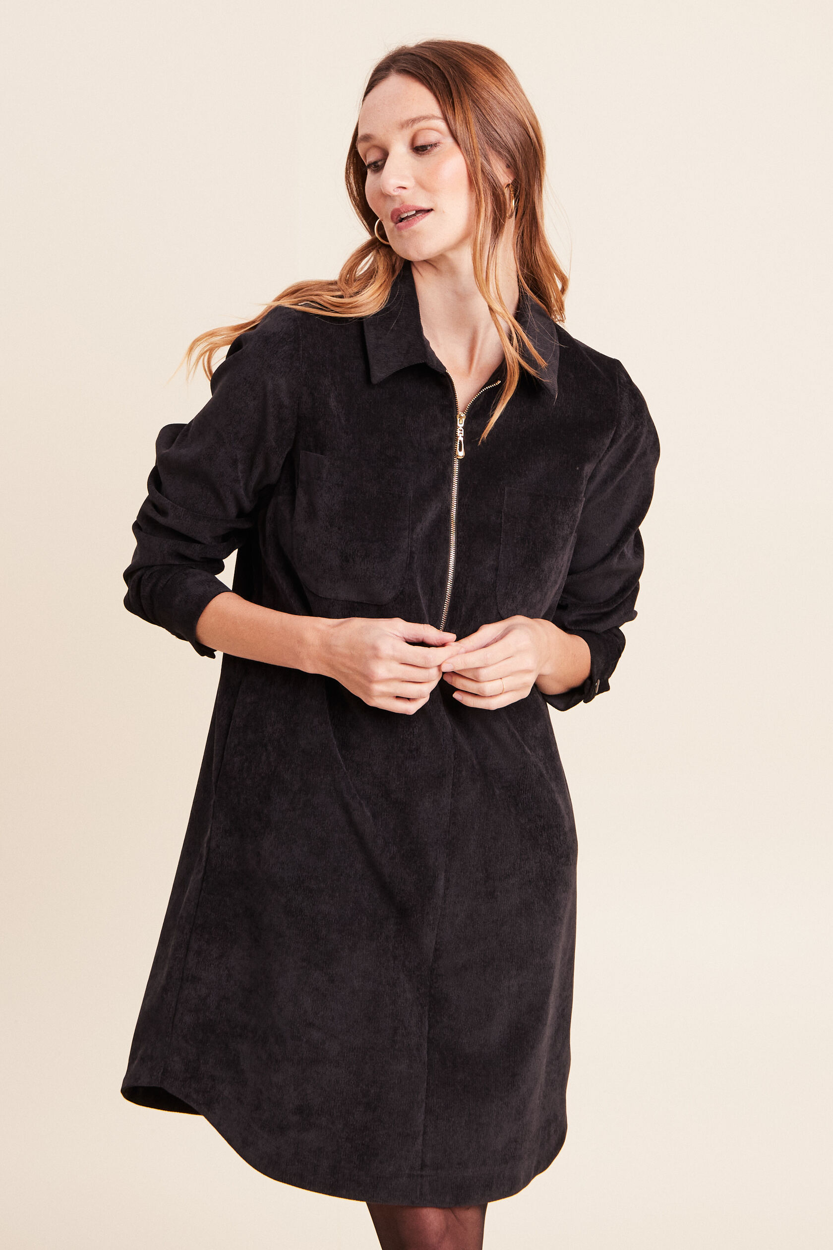 Robe droite courte velours col chemise, BREAL