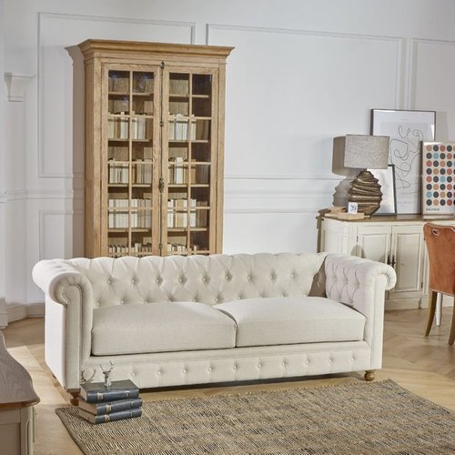 Chesterfield - canapé style contemporain en bois et lin naturel, 5 places  Couleur blanc Robin Des Bois