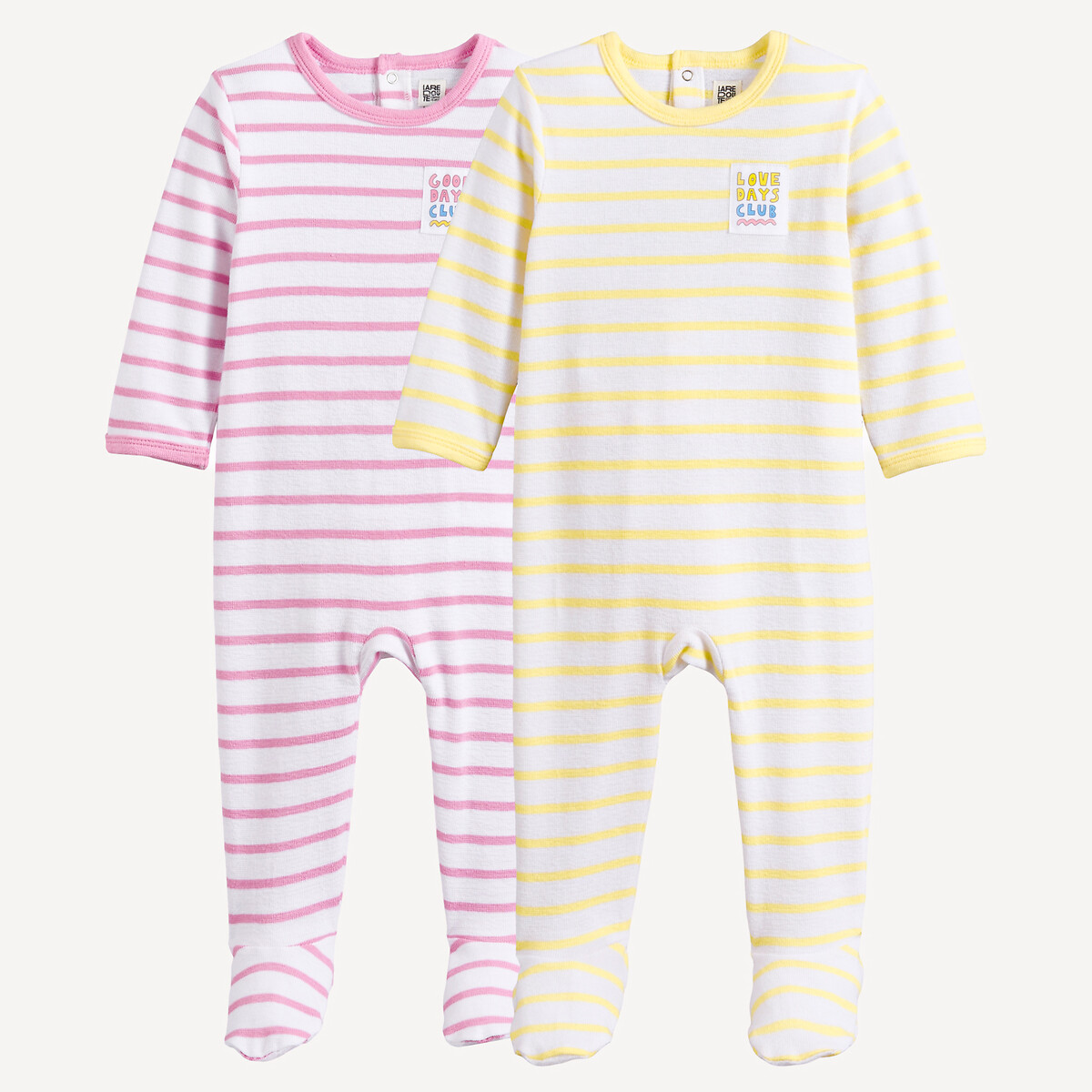 Lot de 2 pyjamas en jersey reliéfé, ouverture dos, rayures et messages, LA REDOUTE COLLECTIONS