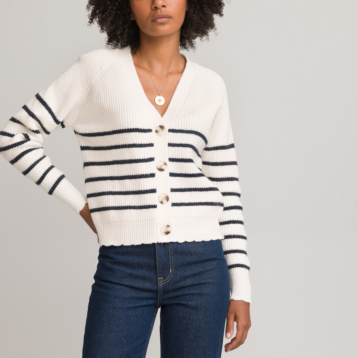 Recycled breton striped cardigan ivory / navy stripe La Redoute