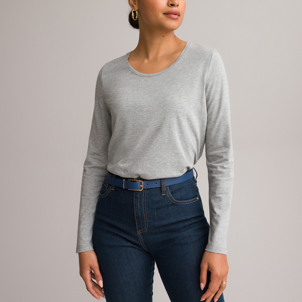 Image of Cotton Mix T-Shirt with Long Sleeves and Crew Neck