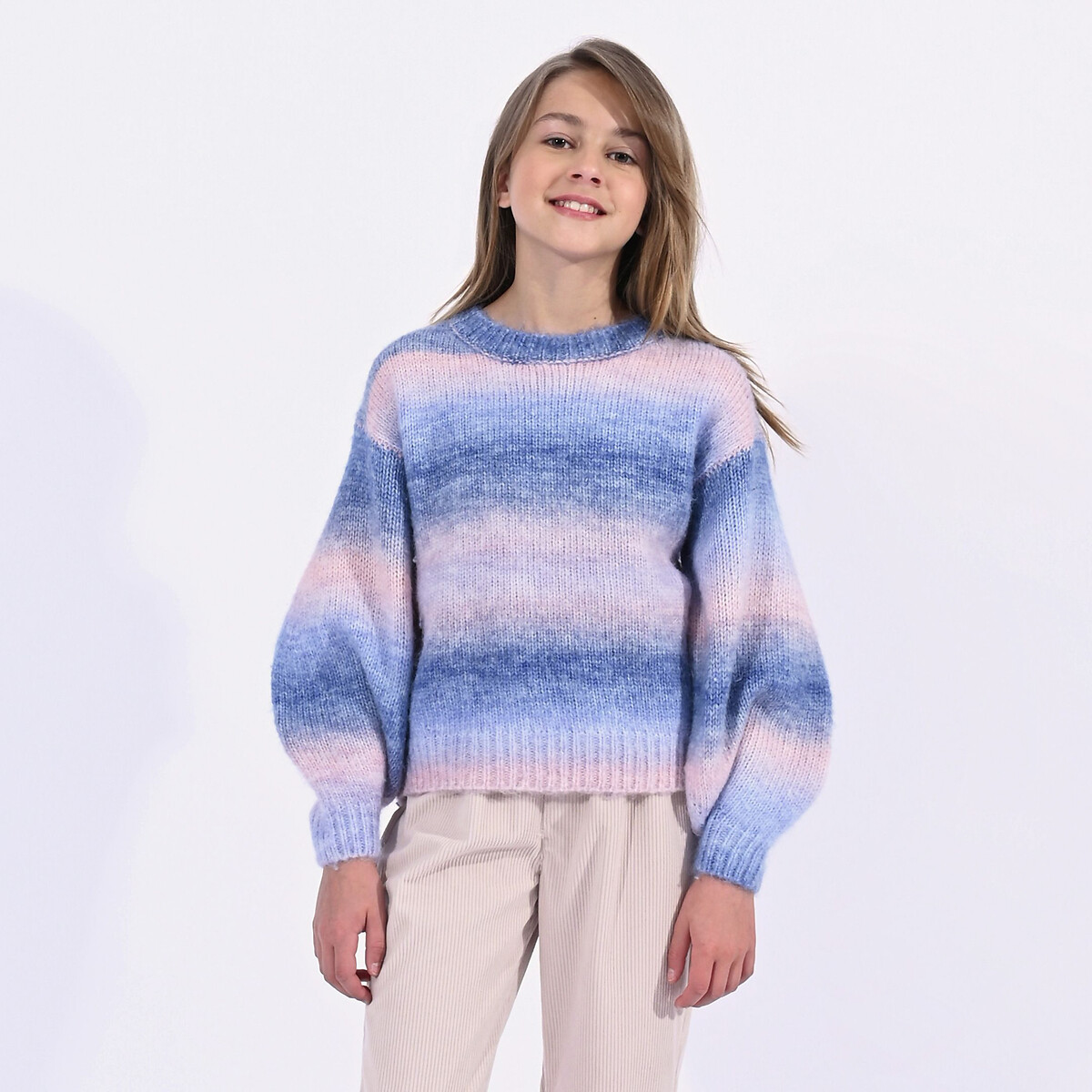 Chunky Knit Jumper with Puff Sleeves and Crew Neck