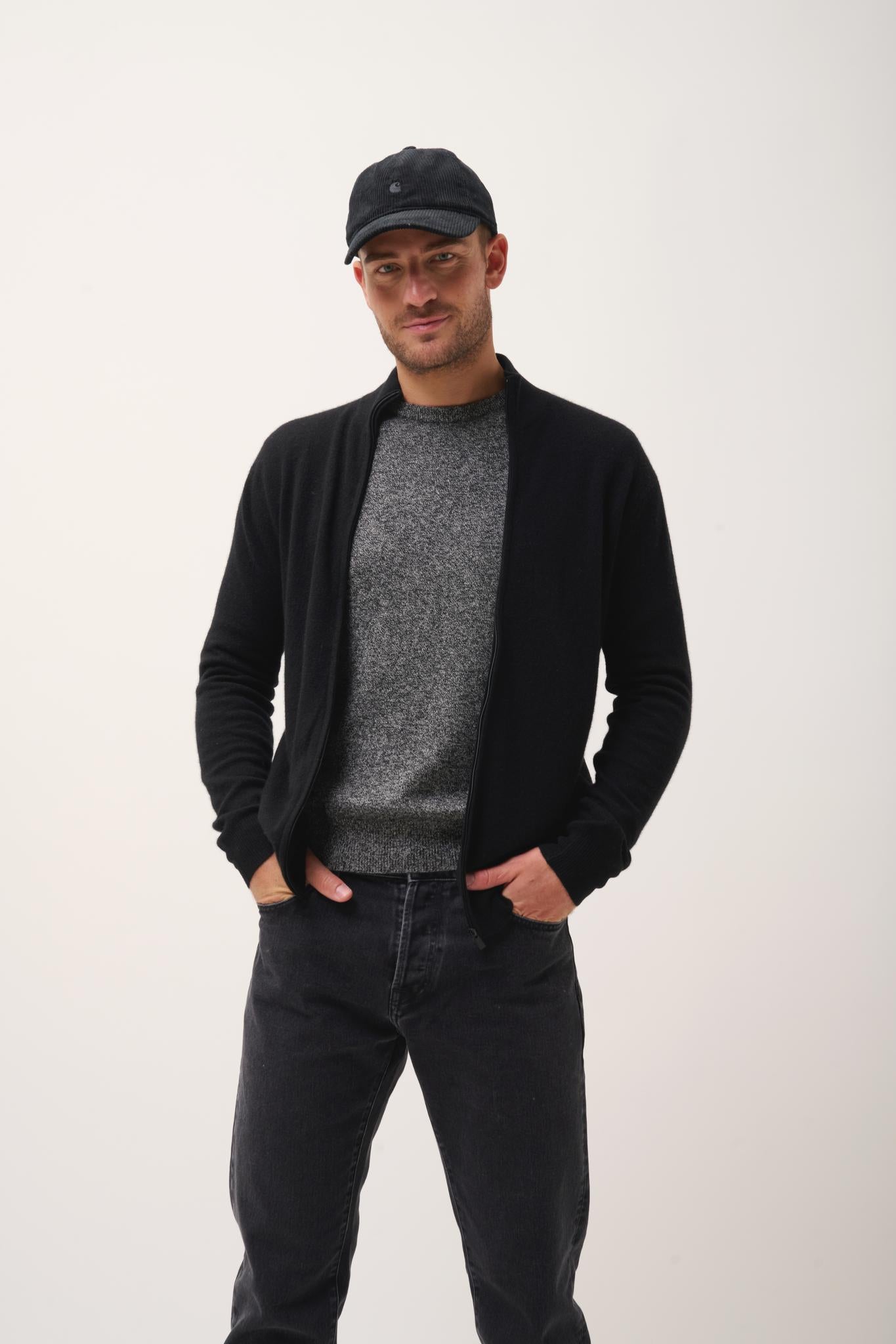 Gilet Zippé Col Montant Noir Alan, JUST CASHMERE