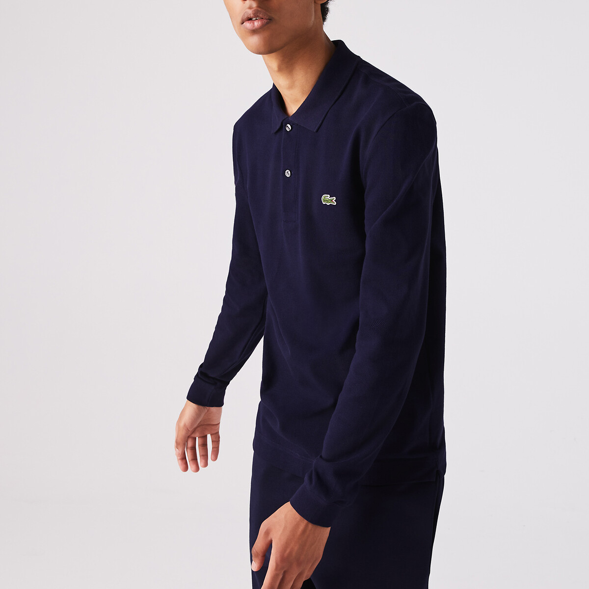 Image of Cotton Pique Polo Shirt in Slim Fit with Long Sleeves