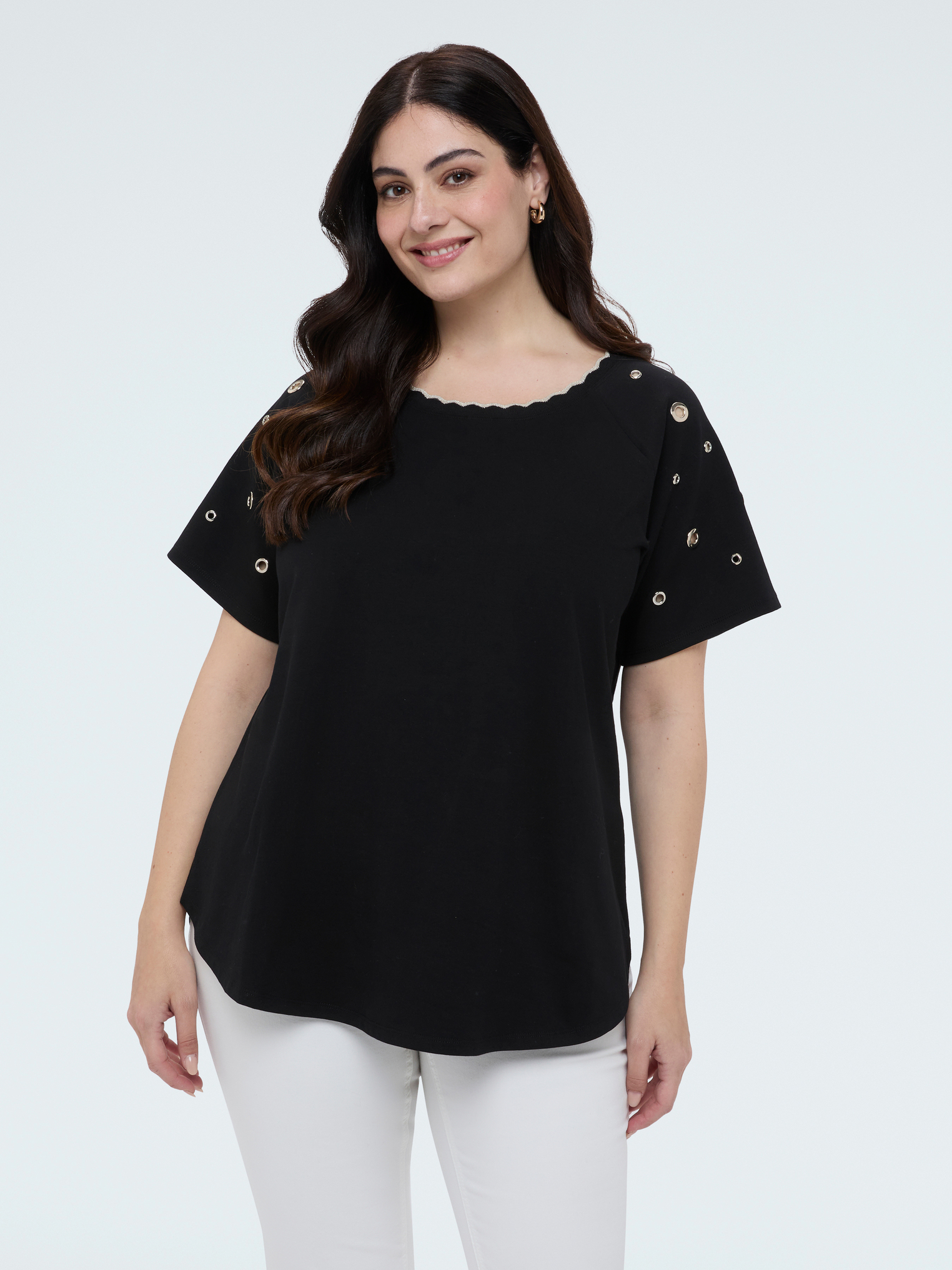 T-shirt avec encolure festonnée et œillets, FIORELLA RUBINO