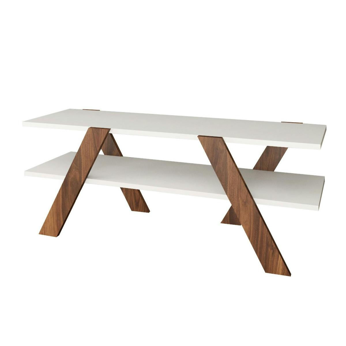 Banc TV blanc moderne avec pieds décor bois foncé MARFA, PIER IMPORT