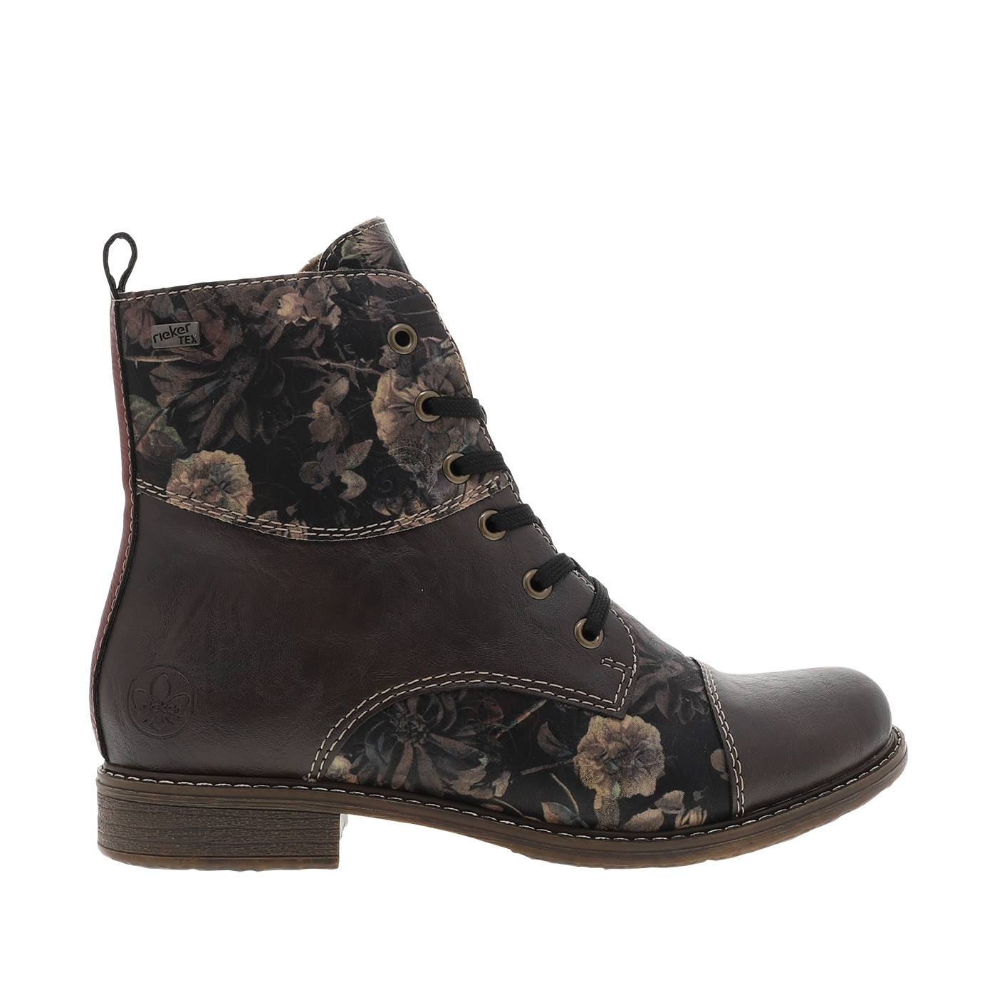 Bottines marron à talon plat ornées d'un empiècement à motif floral, RIEKER