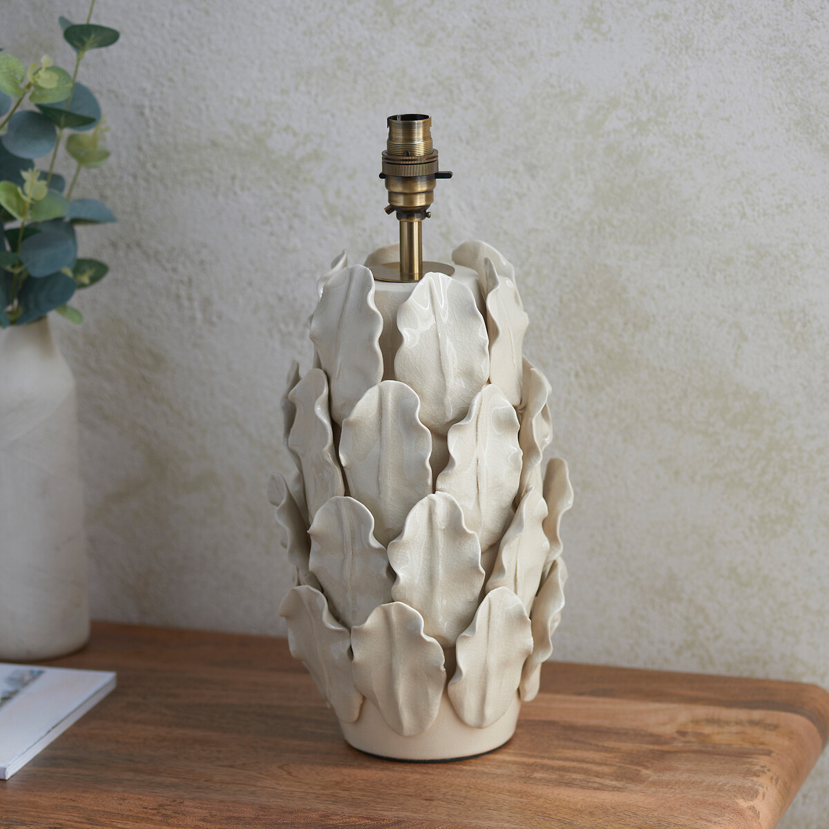 Large Leafy Table Lamp Base in Ivory Crackle Glaze, ÉDITÉ