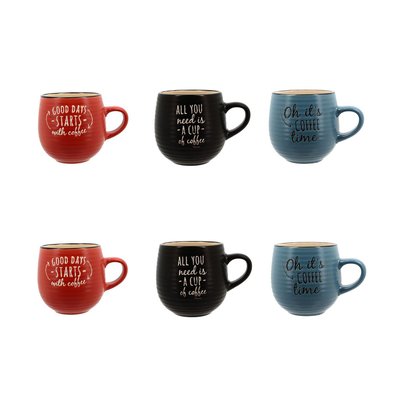 Lot de 6 mugs en grès - 3 couleurs assorties 35cl NOVASTYL