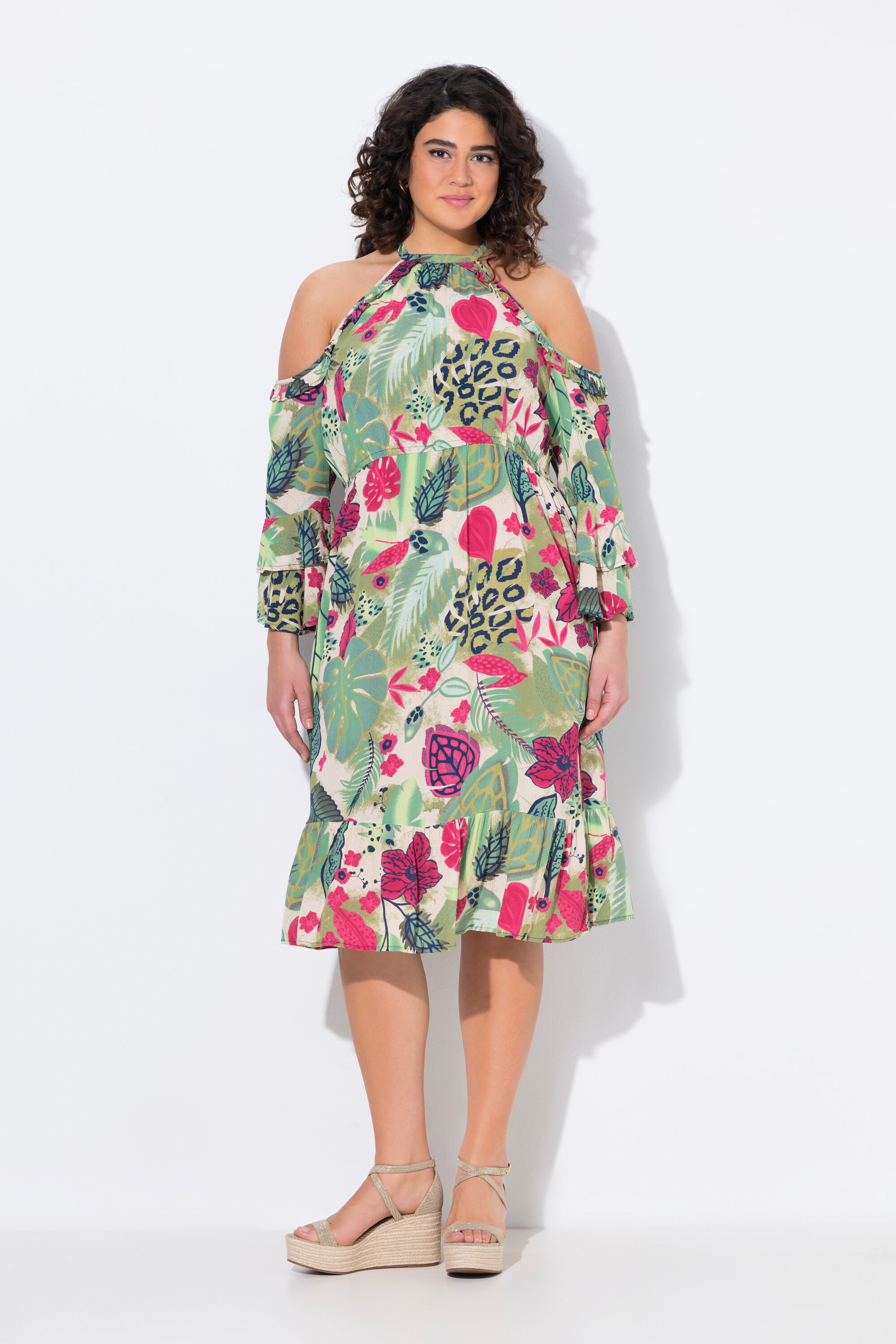 Robe à col rond et manches 3/4. Épaules nues, ULLA POPKEN