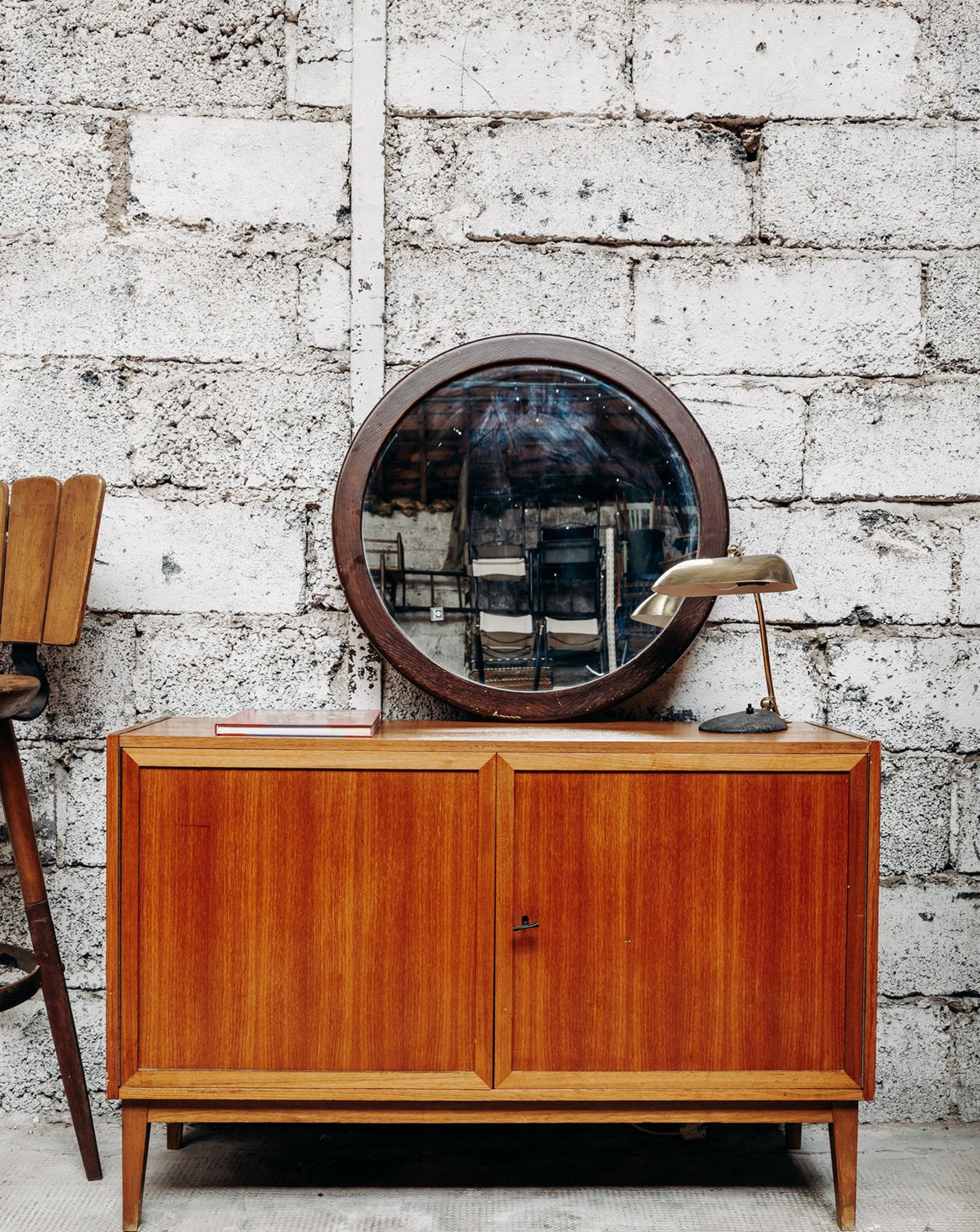 Miroir rond en bois Igor N°543 - Bon état, DEBONGOUT