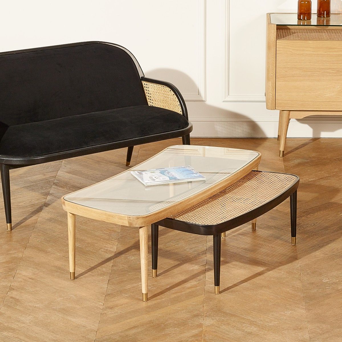 table basse gigogne, cannage et verre, yvonne