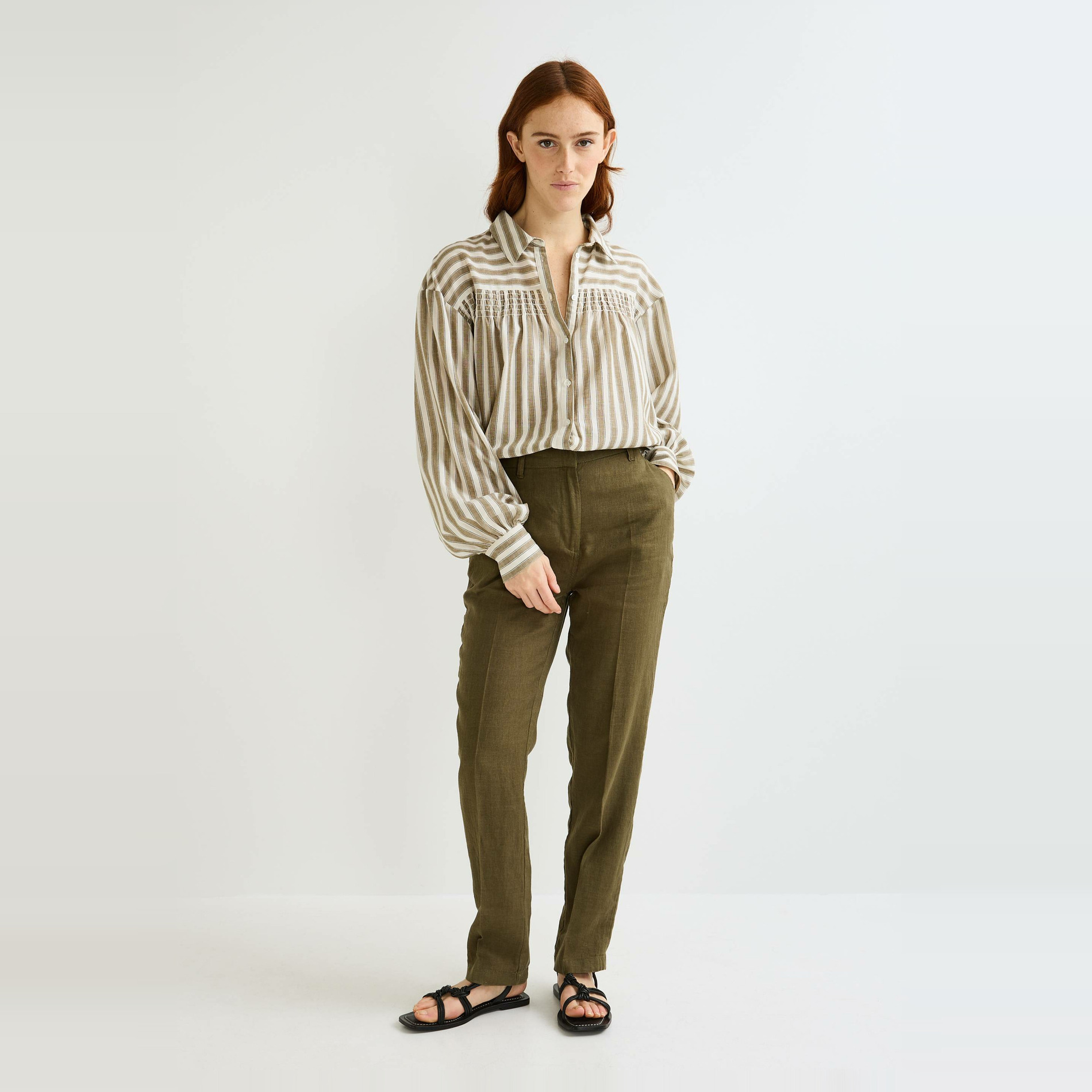 Pantalon carotte à taille semi-élastiquée en lin, MONOPRIX
