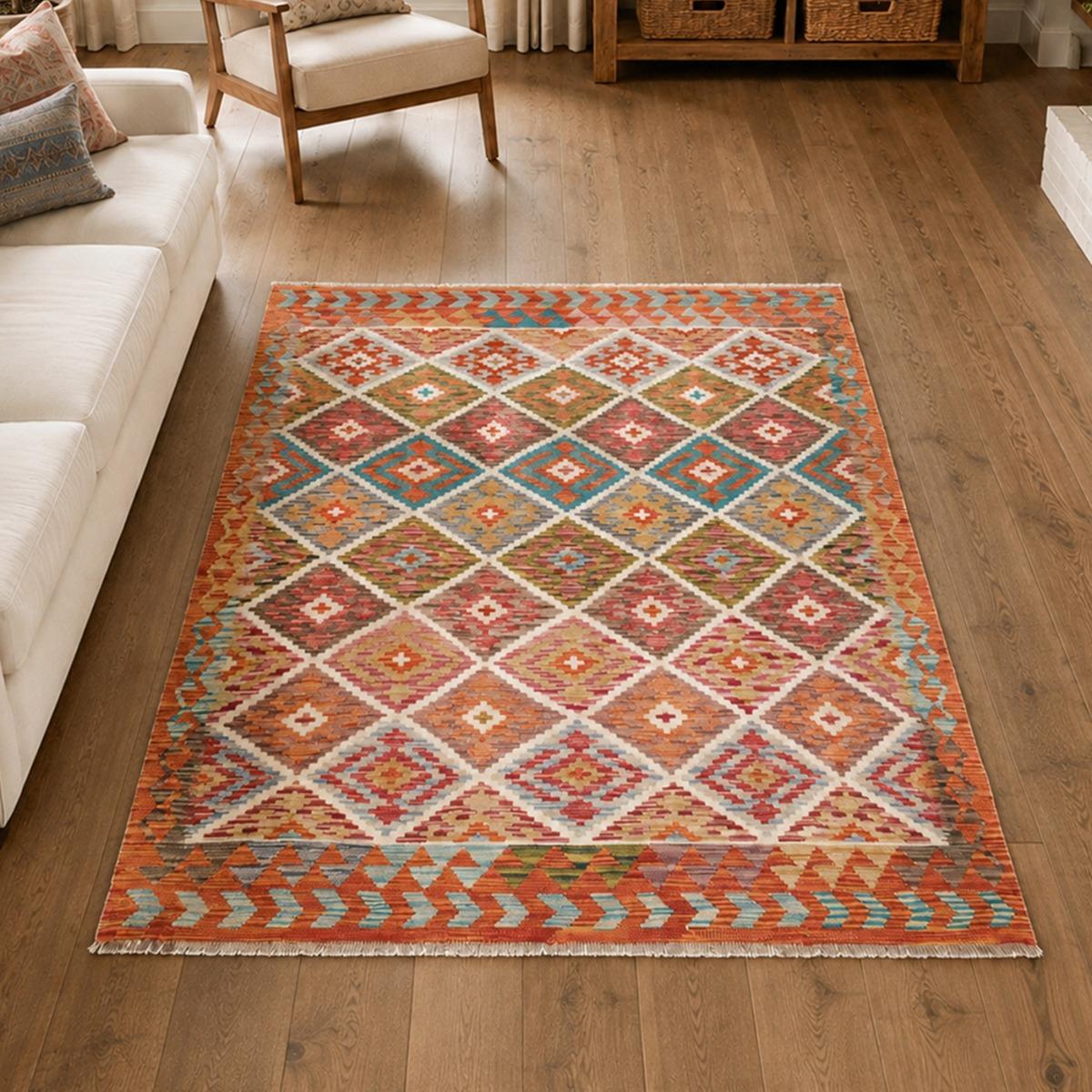 Tapis kilim au motif ethnique, tissé plat en laine, KILIM 29, UN AMOUR DE TAPIS