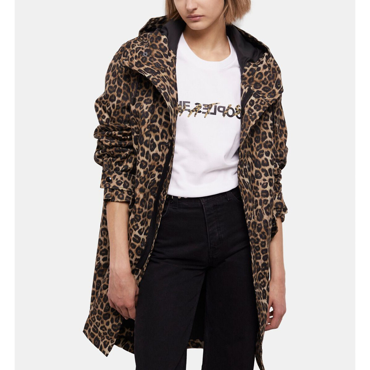 Leopard print hooded parka with zip fastening, mid-length, leopard ...