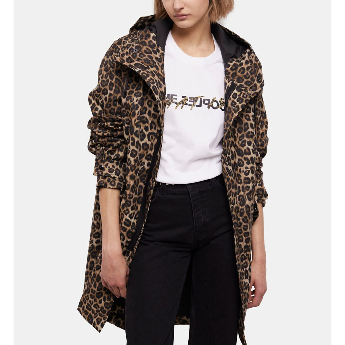 Leopard Print Hooded Parka with Zip Fastening, Mid-Length