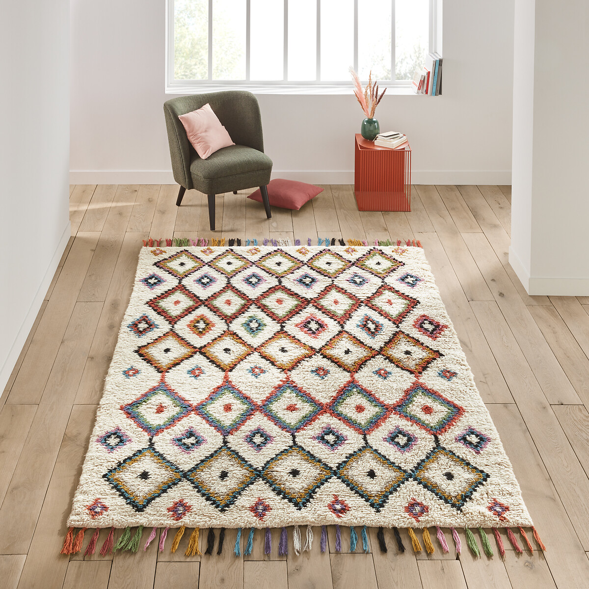 Ourika Berber Style Geometric Tassel, Teal Wool Rugs 9×12