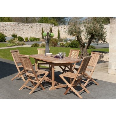 Salon de jardin table d'extérieur extensible ovale 150/200x90cm 6 chaises pliantes en bois de teck SUMMER PIER IMPORT