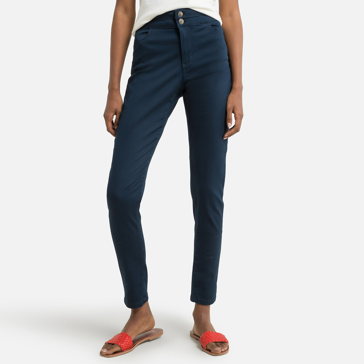 navy blue slim trousers