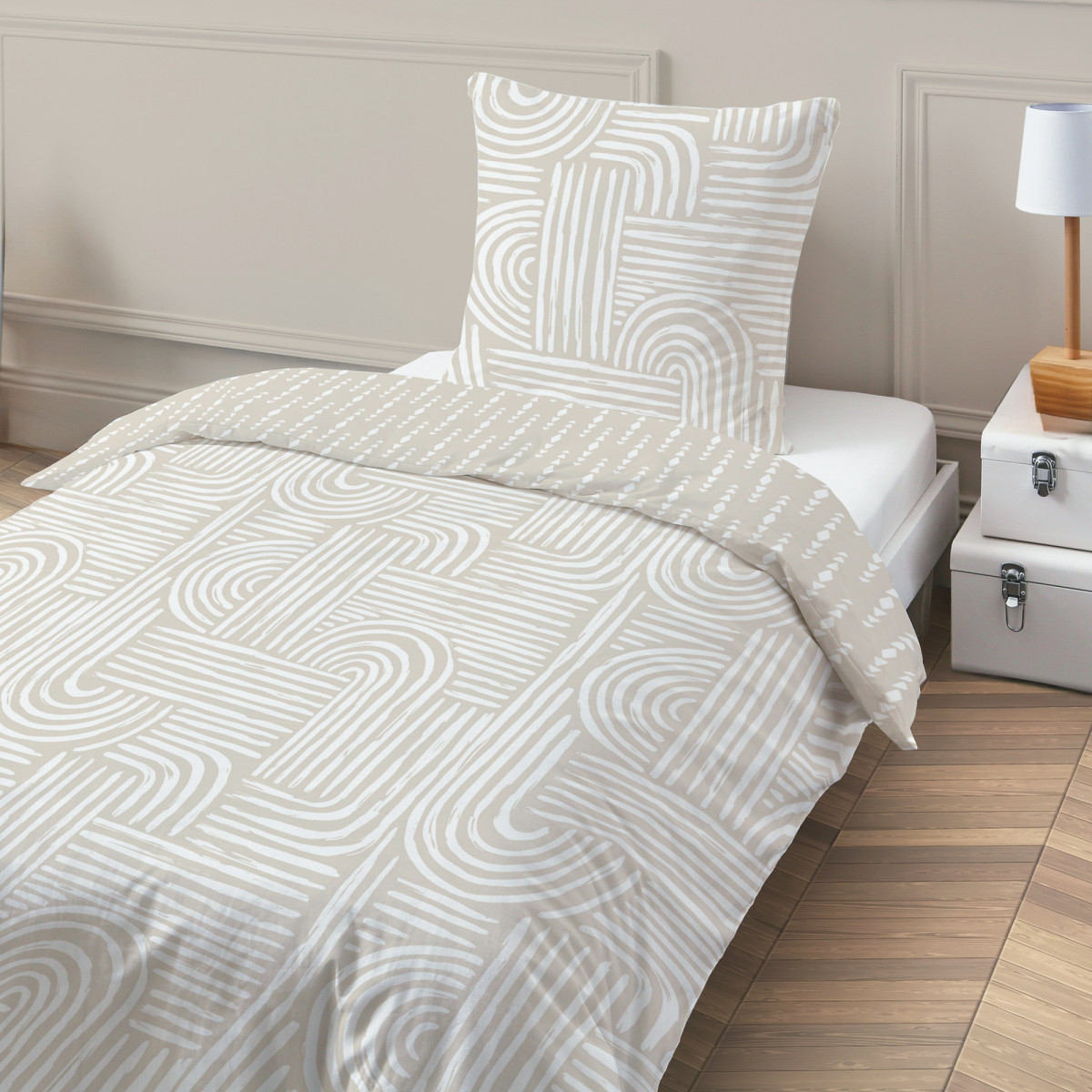 Parure de lit 1 personne en coton imprimé beige FADO, FUTURE HOME