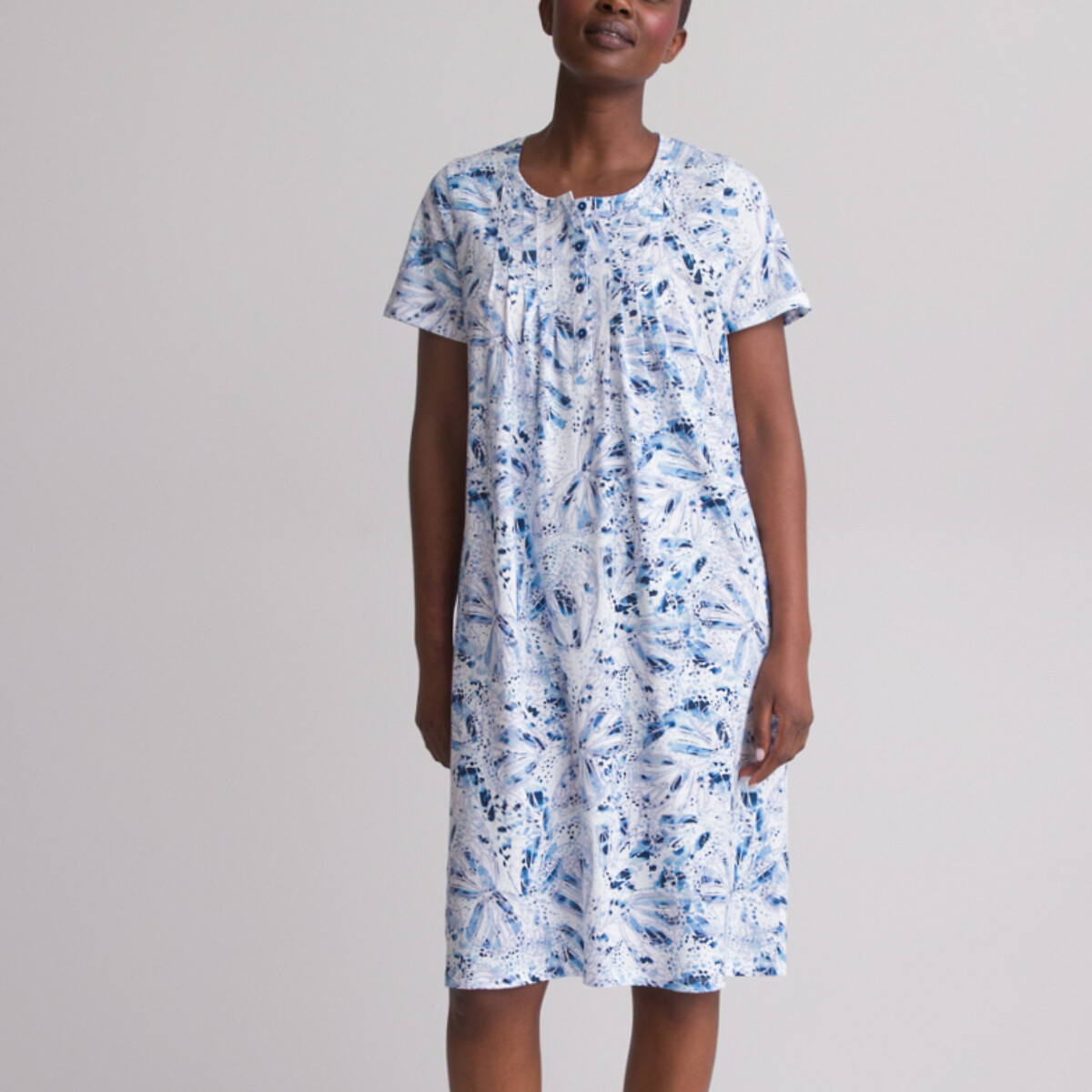 Image of Abstract Print Cotton Nightdress with Short Sleeves
