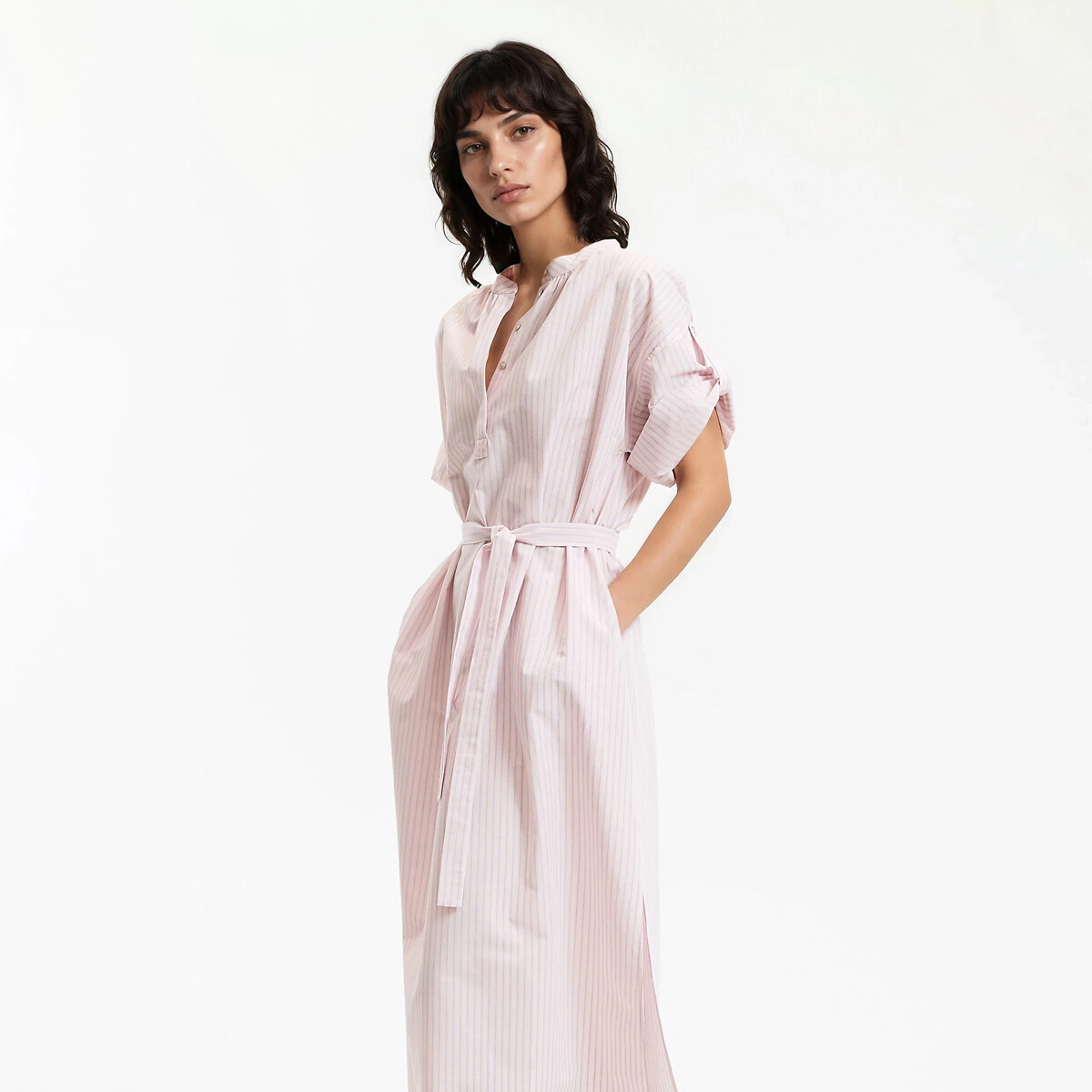 knee length dresses for ladies It's in The Air Olive Green Striped 3/4 Sleeve Midi Dress, Large - The Mint Julep Boutique