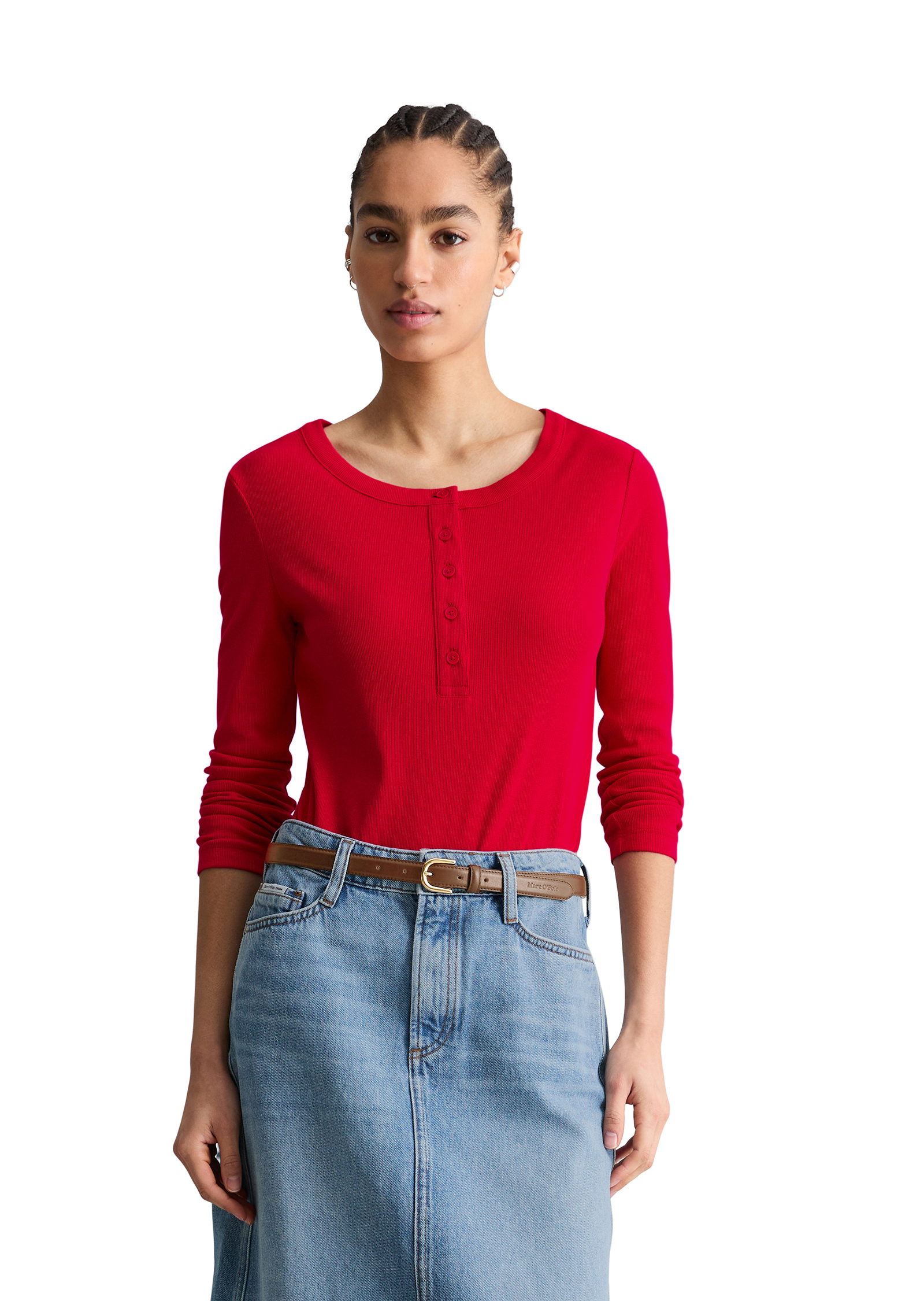 Serafino-Longsleeve regular en jersey côtelé doux, MARC O’POLO DENIM