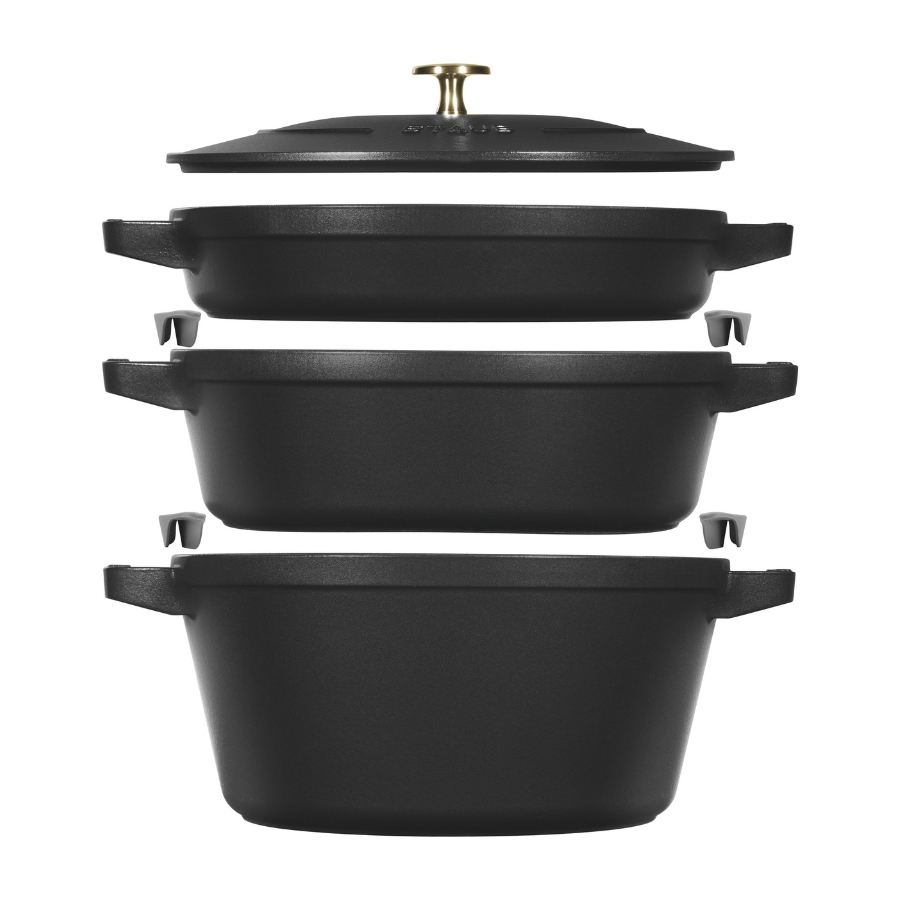 Set empilable en Fonte, 4 pièces, Rond, Ø 24 cm, Noir, STAUB