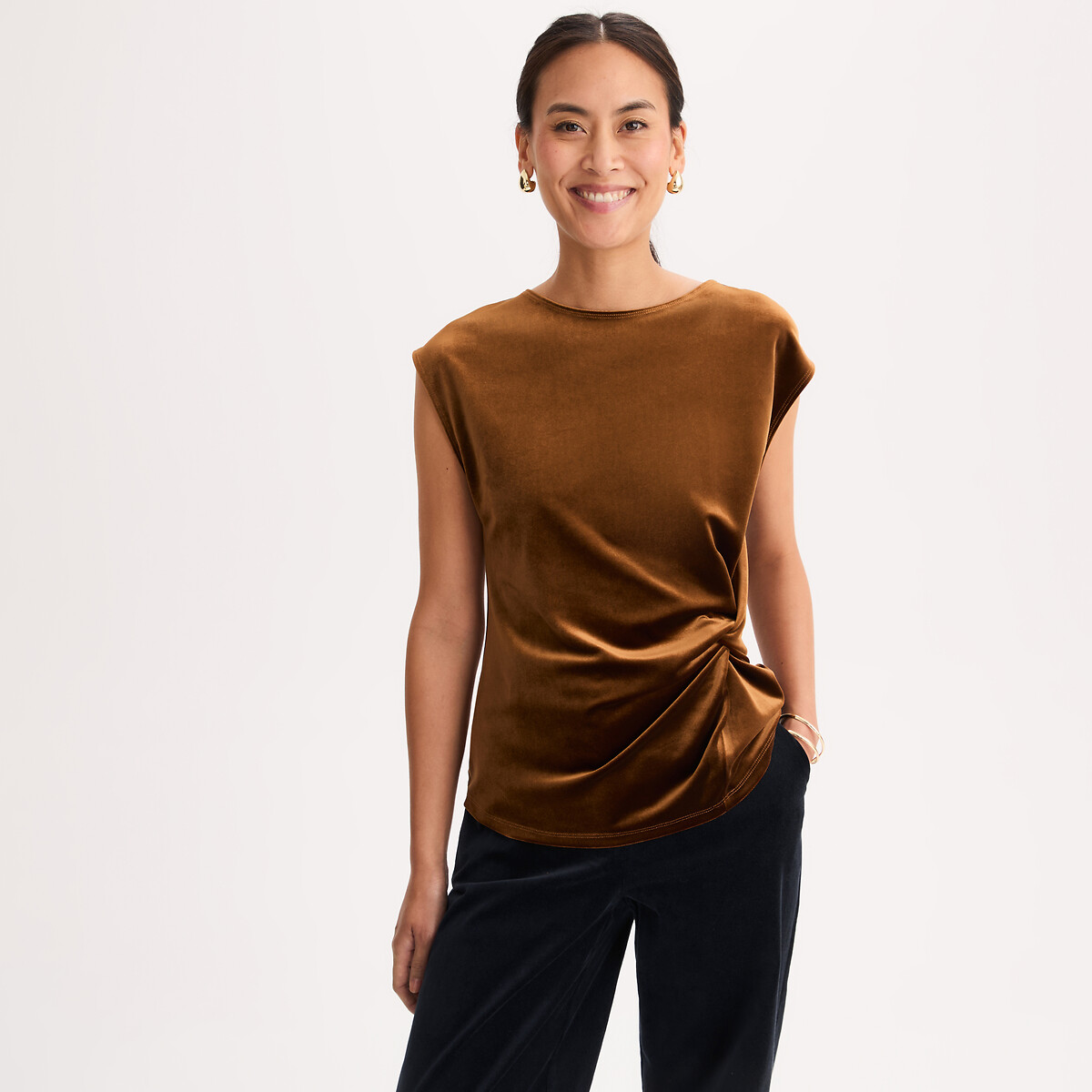 Camiseta sin mangas de cuello redondo, con drapeado, de terciopelo liso y brillante, ANNE WEYBURN
