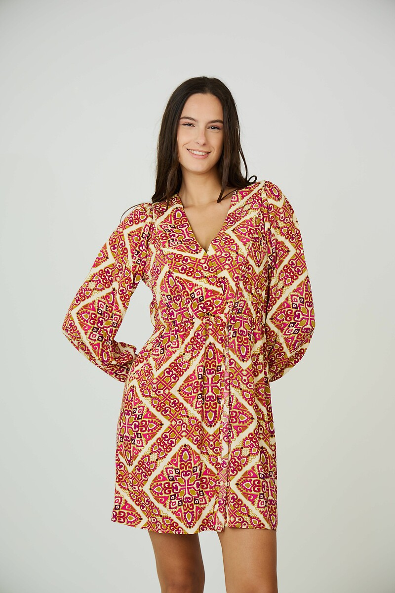 Tribal Print Mini Dress with V-Neck and Long Sleeves, SEE U SOON