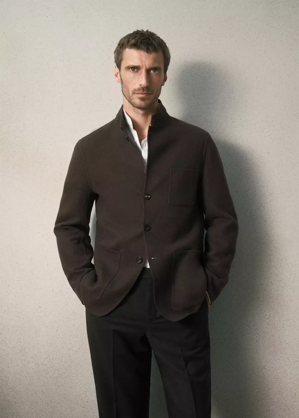 Blazer à col cheminée 100 % laine coupe slim fit, MANGO MAN
