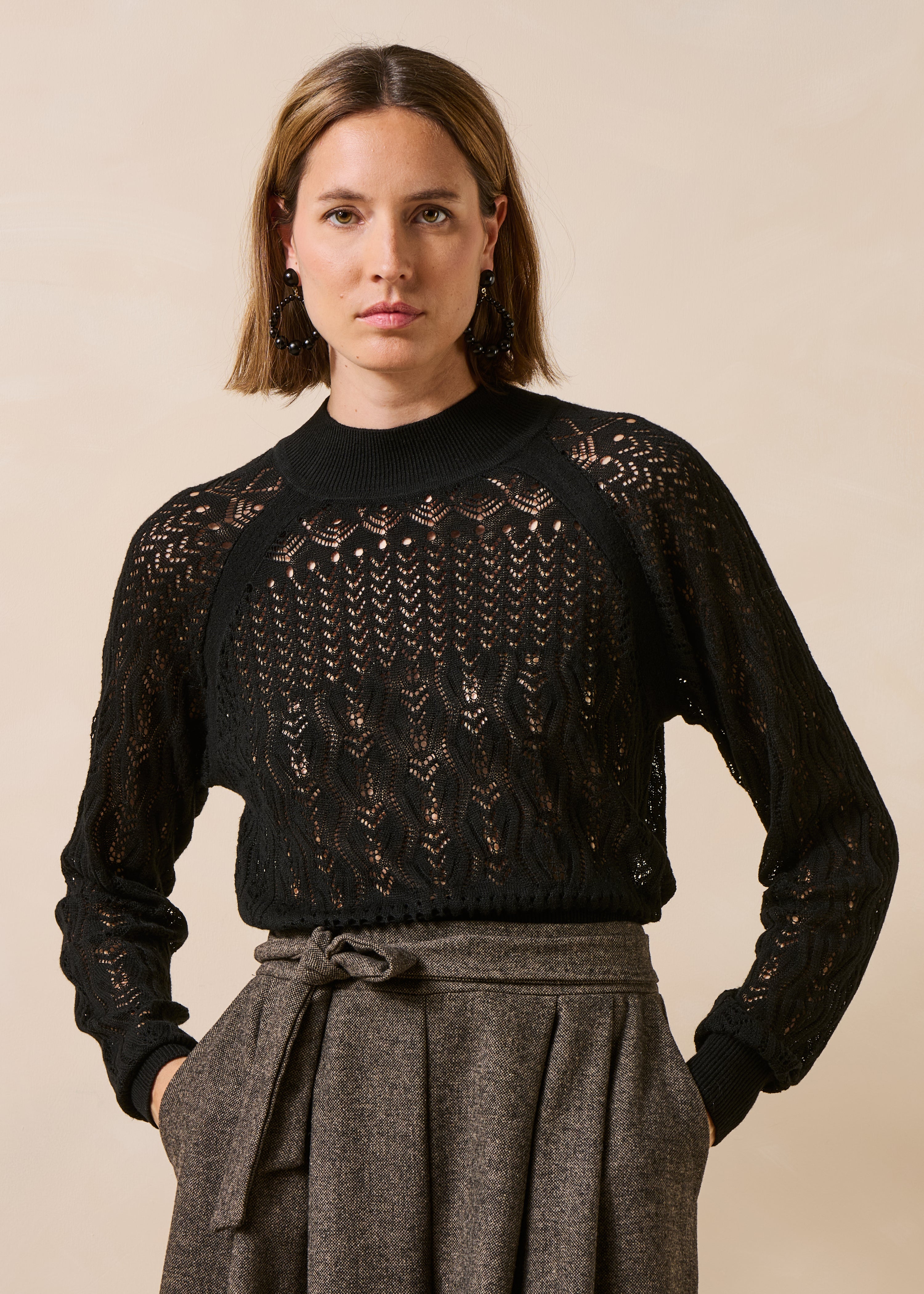 Pull en maille ajourée manches longues col montant, LA FEE MARABOUTEE