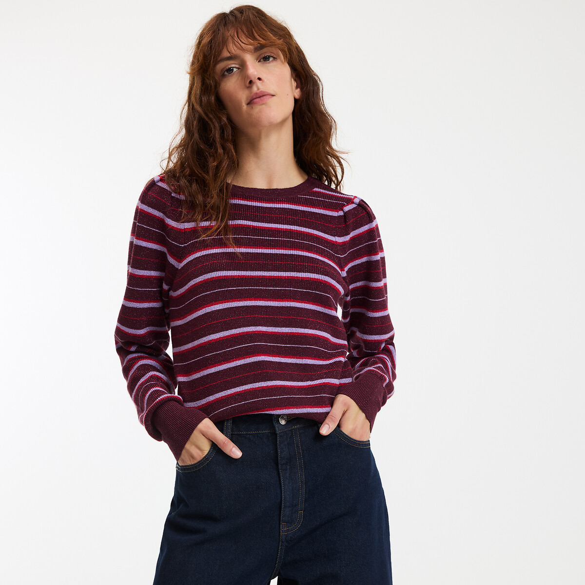 Striped Crew Neck Jumper in Fine Knit with Sparkly Thread, LA REDOUTE COLLECTIONS