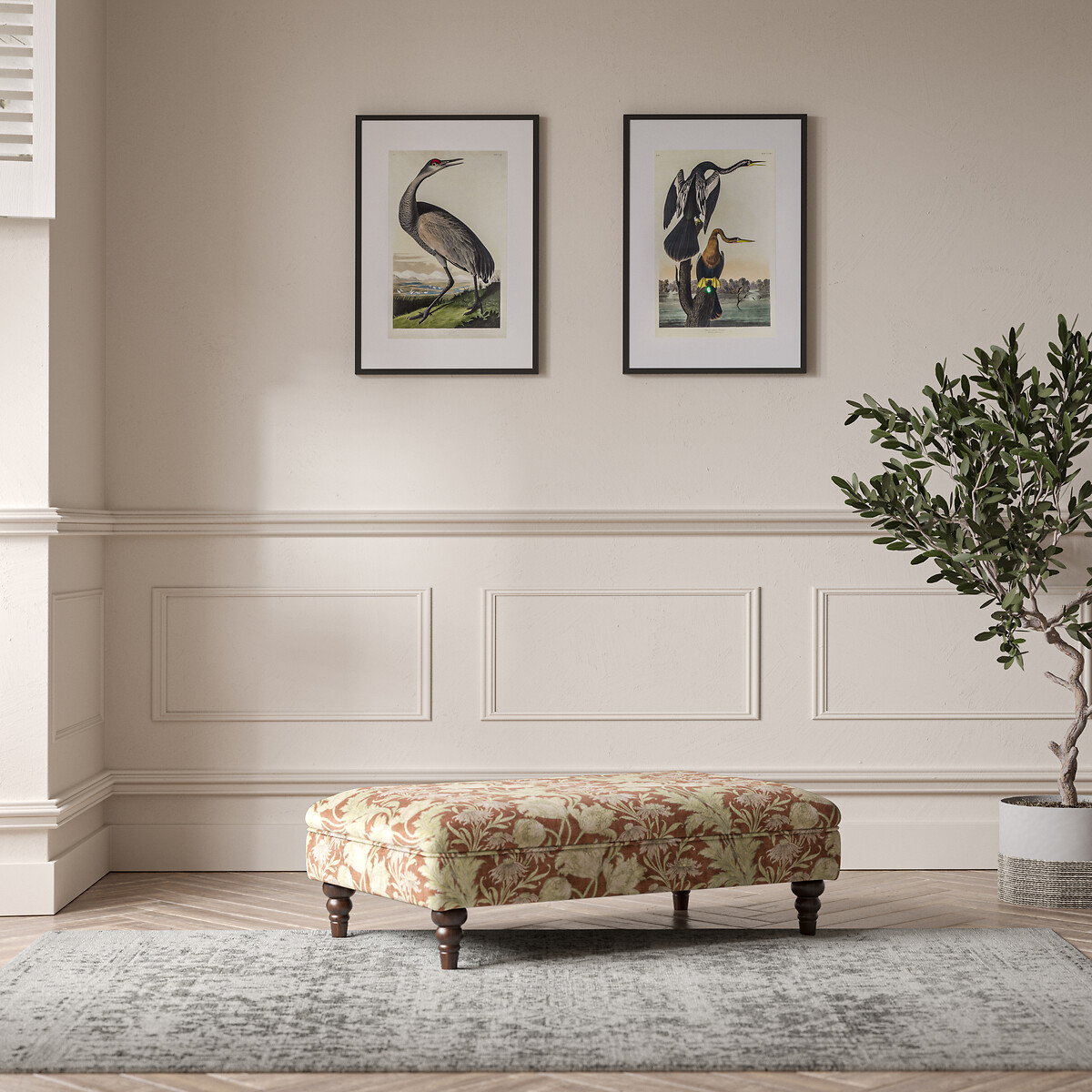 Emeline Floral Chenille Footstool with Oak Feet, ÉDITÉ