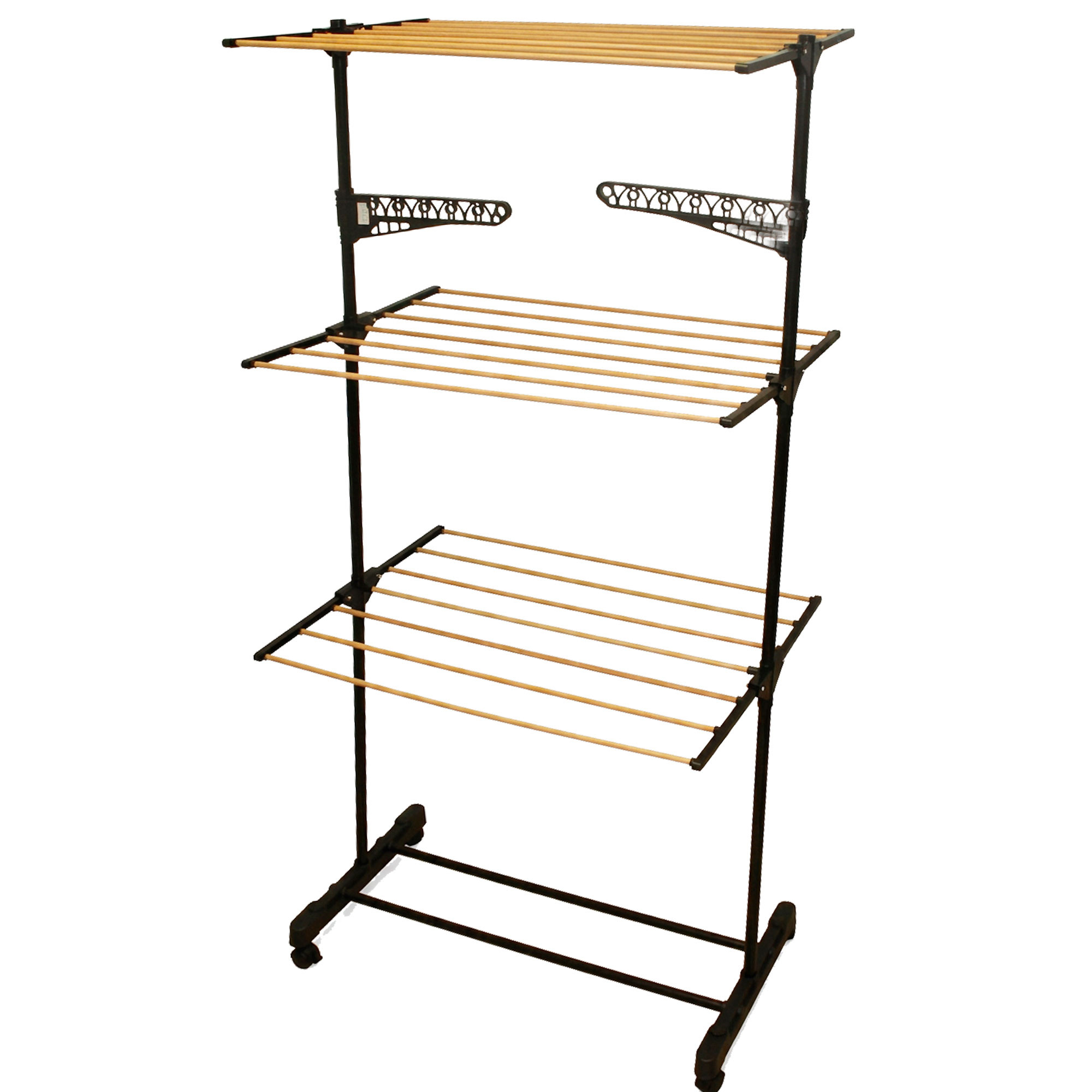 Étendoir à linge pliable sur roulettes couleur noir et bois 80x42x165cm, WADIGA