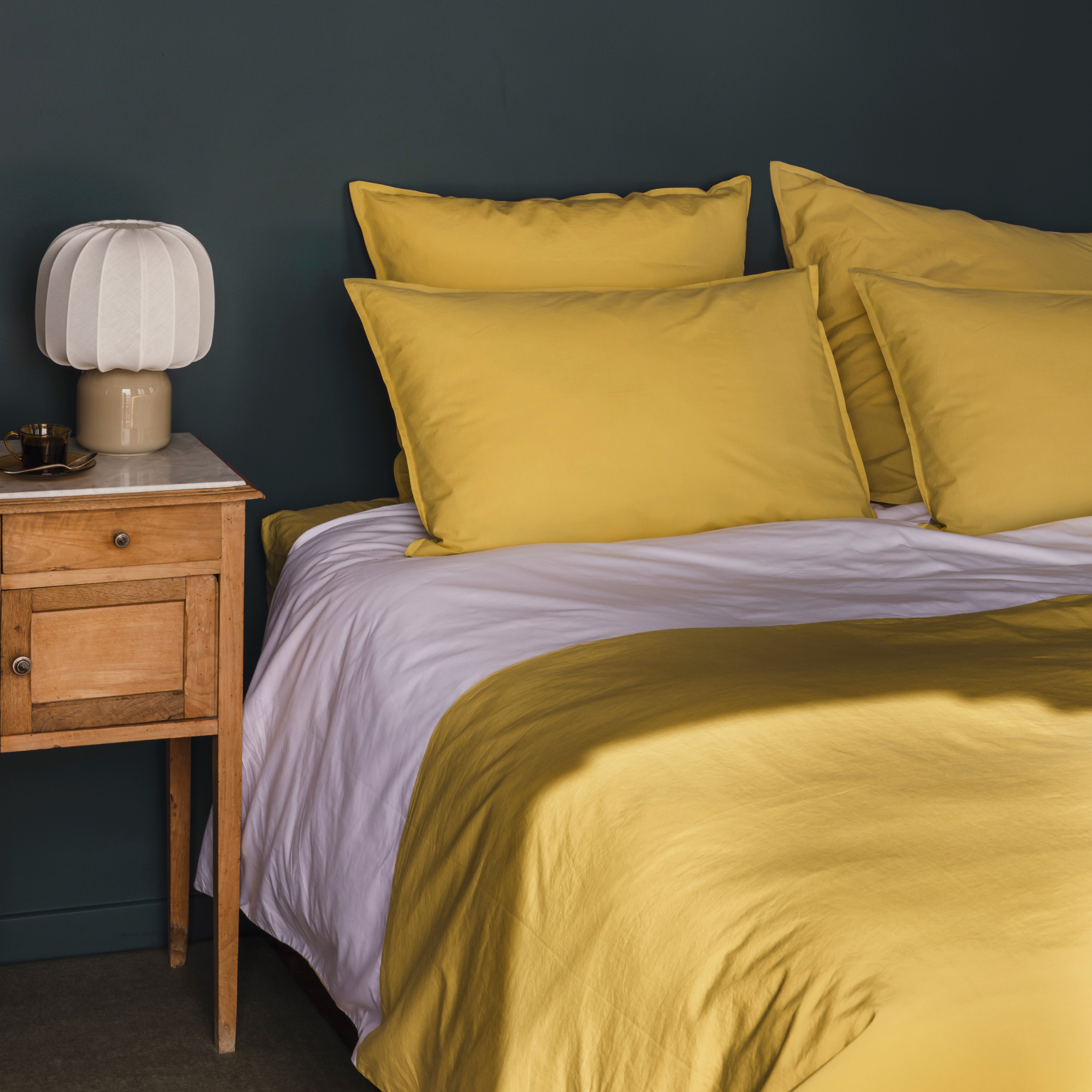 Housse de couette en percale de coton lavé, DUO LAVÉ, BLANC CERISE